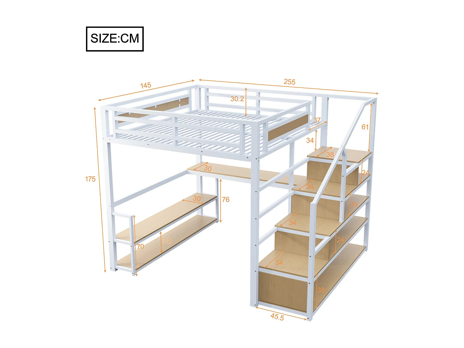 Lit mezzanine - 140 x 200 cm - avec échelle de rangement + étagères + table - en métal- blanc