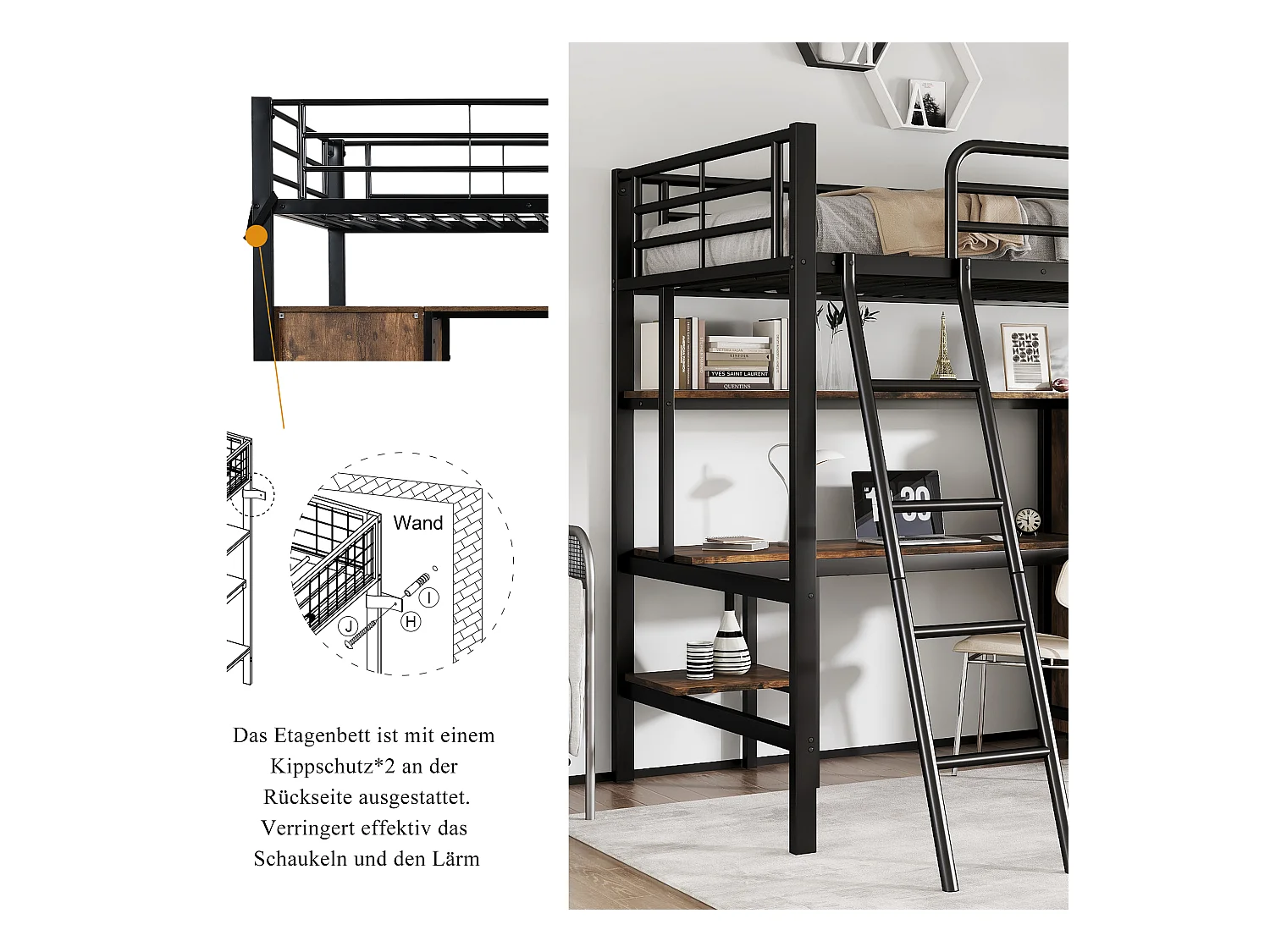 Lit mezzanine pour enfant - 90 x 200 cm - avec table et armoire - rangement - fer + aggloméré - noir
