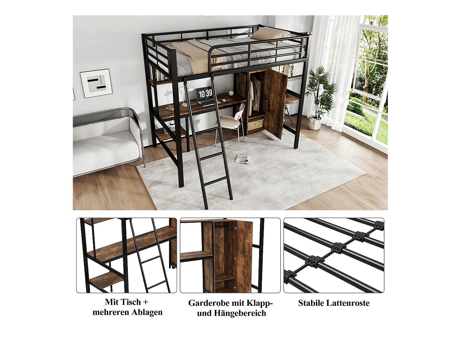 Lit mezzanine pour enfant - 90 x 200 cm - avec table et armoire - rangement - fer + aggloméré - noir