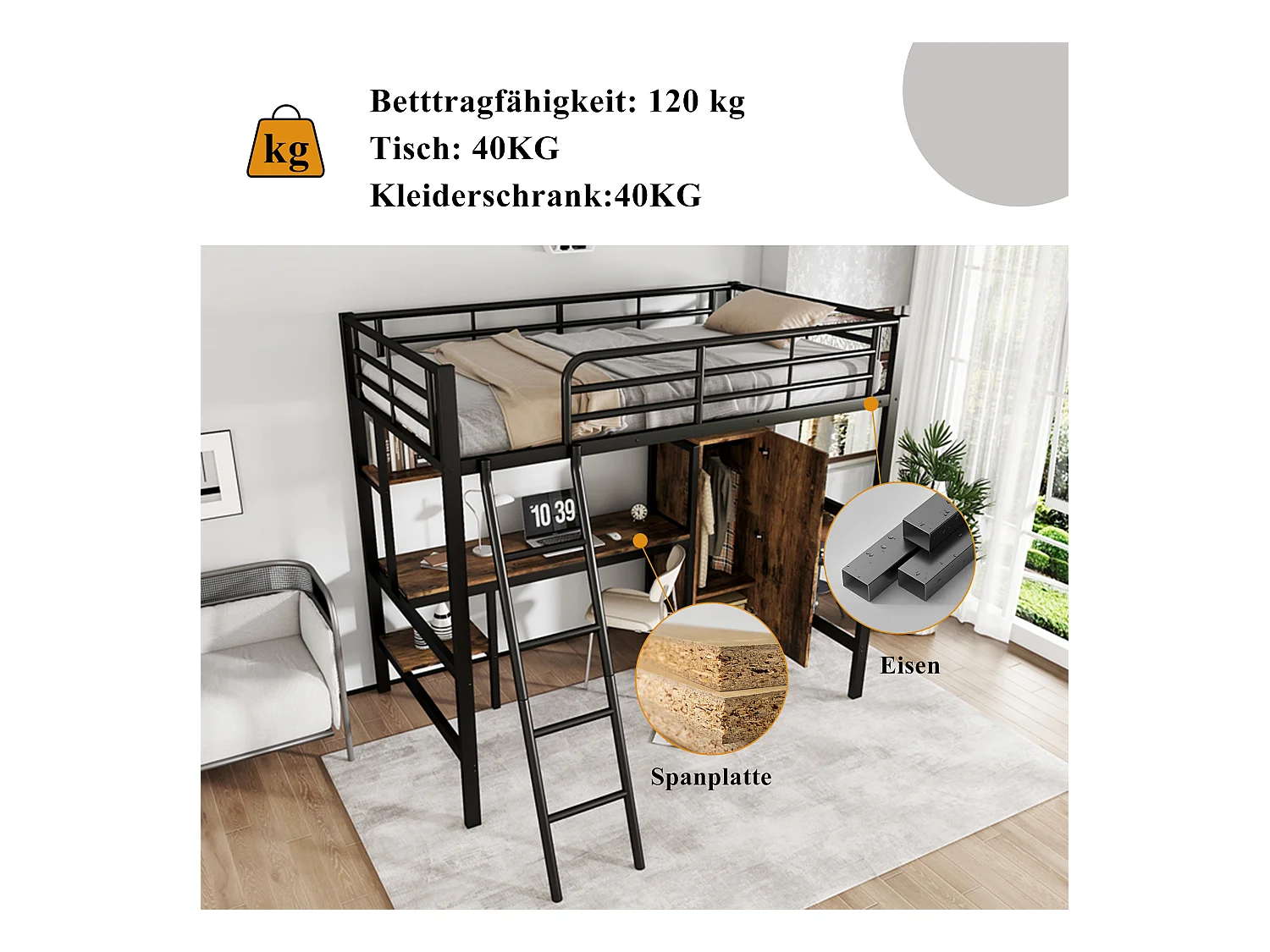 Lit mezzanine pour enfant - 90 x 200 cm - avec table et armoire - rangement - fer + aggloméré - noir
