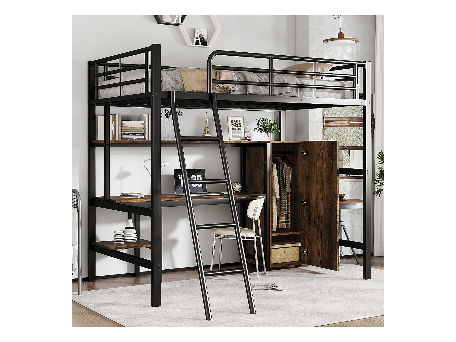 Kinderhochbett - 90 x 200 cm - mit Tisch und Kleiderschrank - Stauraum - Eisen + Spanplatte - schwarz