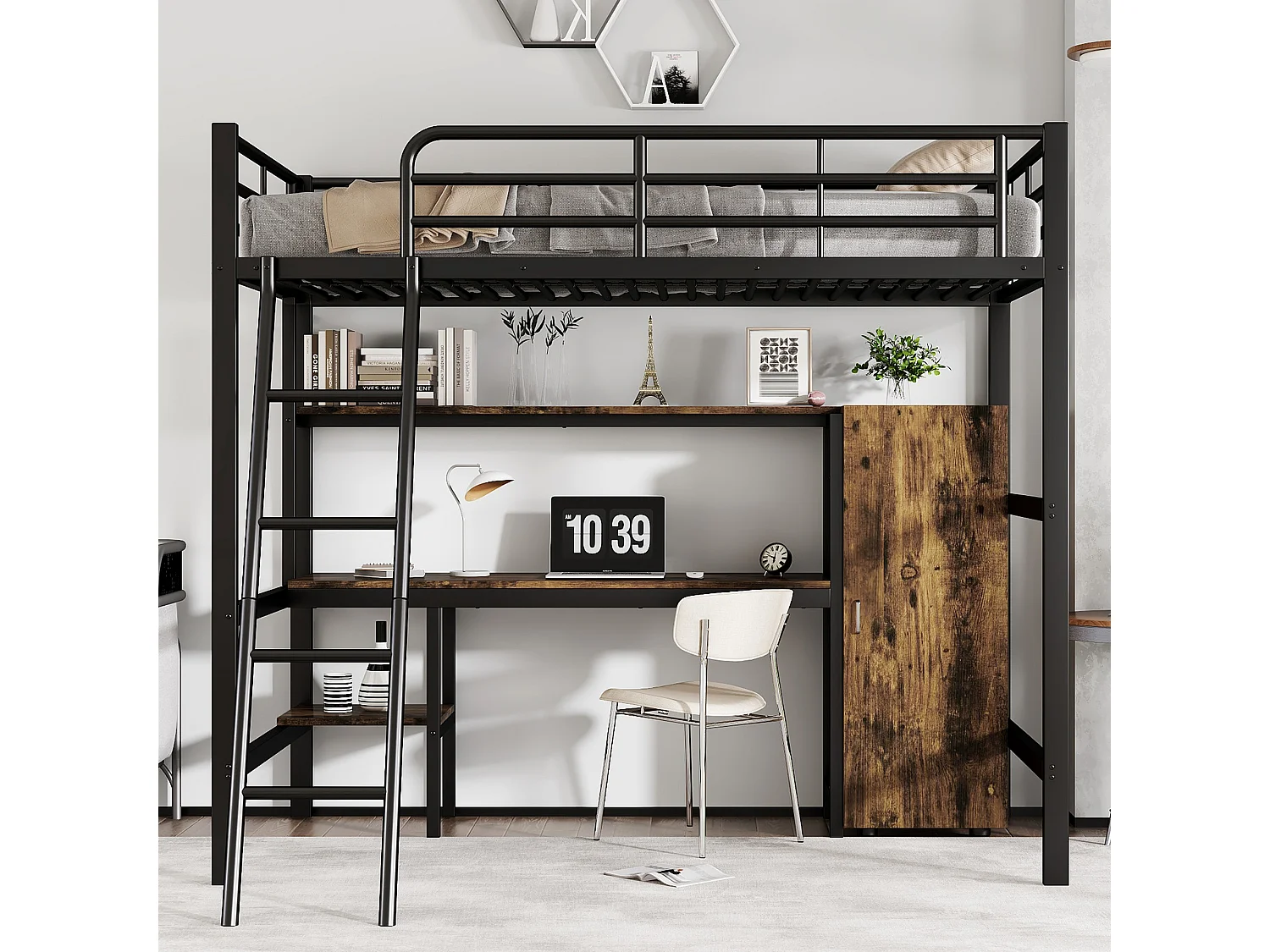 Lit mezzanine pour enfant - 90 x 200 cm - avec table et armoire - rangement - fer + aggloméré - noir