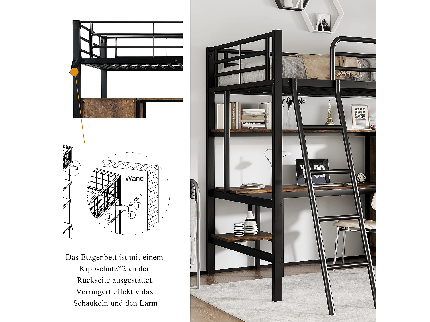 Lit mezzanine pour enfant - 90 x 200 cm - avec table et armoire - rangement - fer + aggloméré - noir