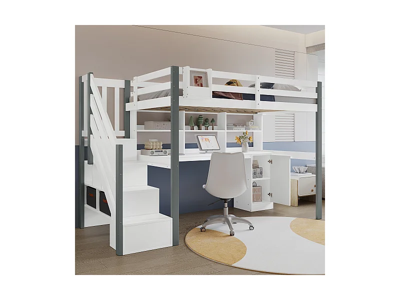 Letto a soppalco per bambini - 90 x 200 cm - con scrivania e ripiano portaoggetti - pino + MDF - bianco + grigio