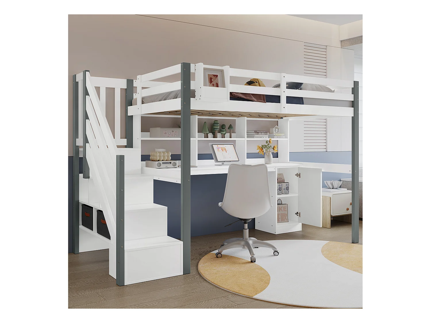 Letto a soppalco per bambini - 90 x 200 cm - con scrivania e ripiano portaoggetti - pino + MDF - bianco + grigio