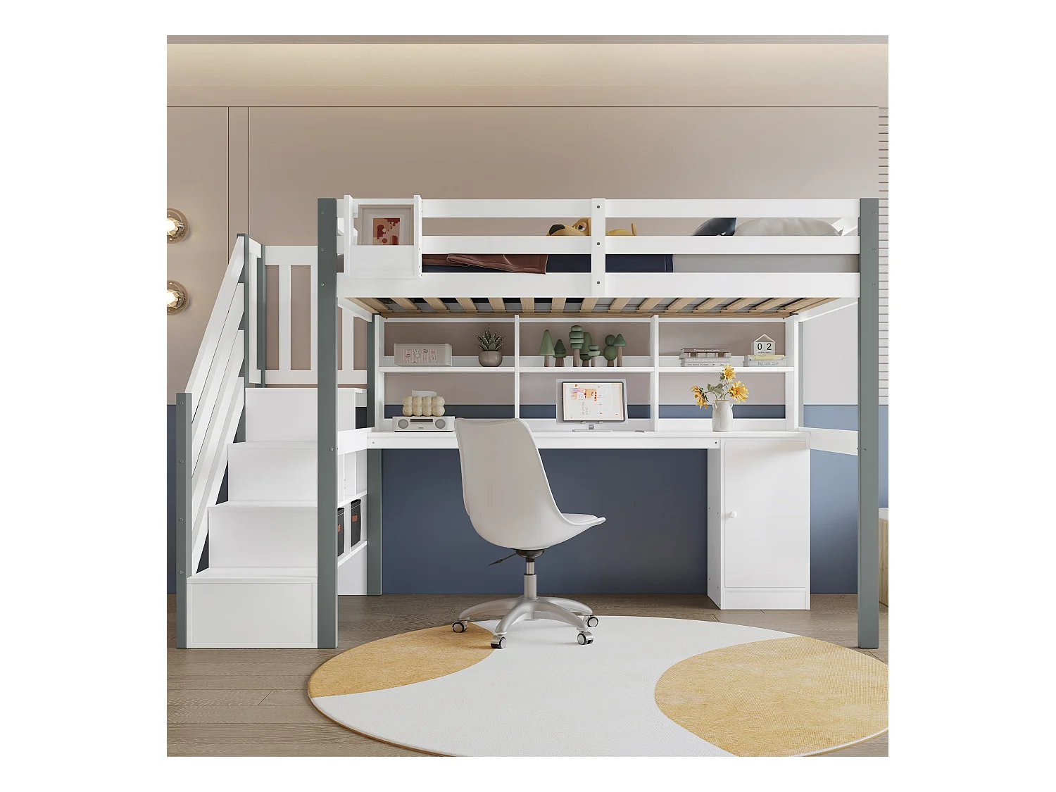 Letto a soppalco per bambini - 90 x 200 cm - con scrivania e ripiano portaoggetti - pino + MDF - bianco + grigio