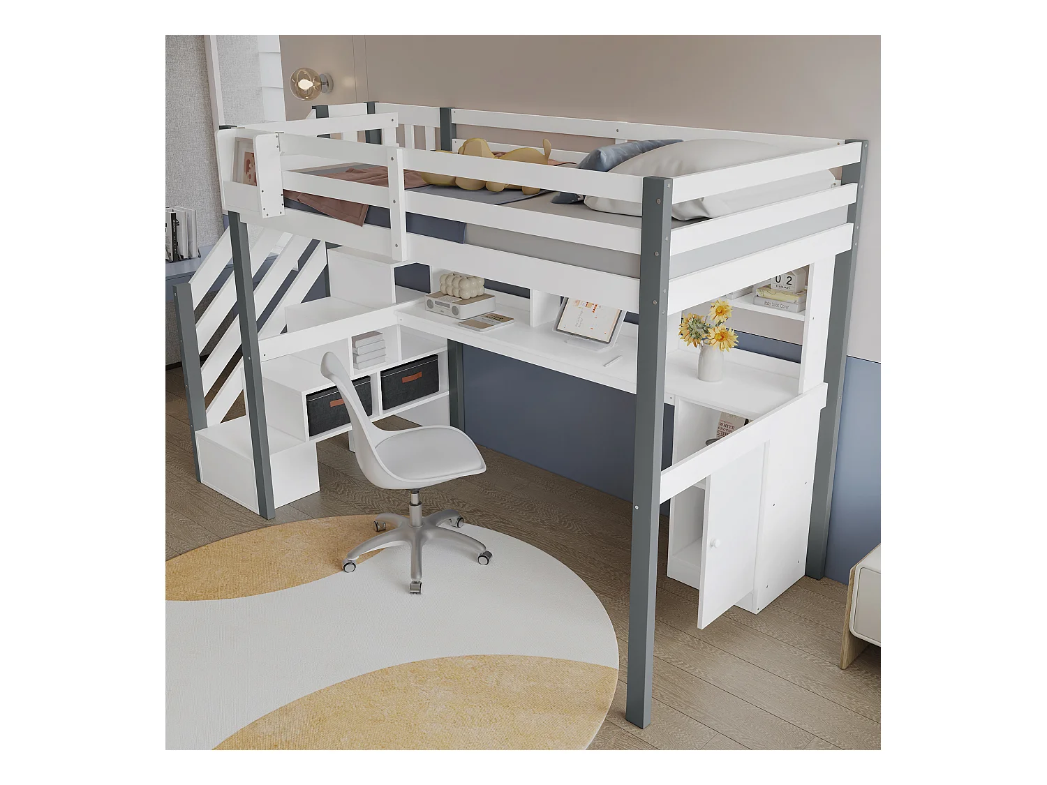 Letto a soppalco per bambini - 90 x 200 cm - con scrivania e ripiano portaoggetti - pino + MDF - bianco + grigio
