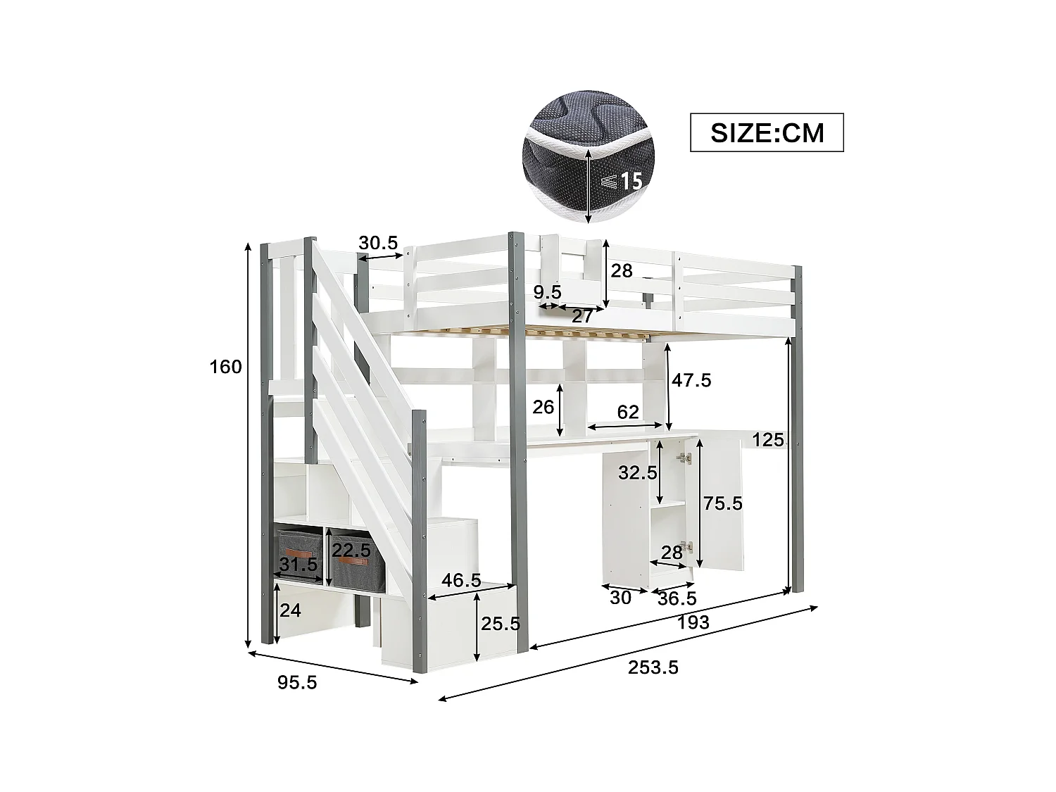 Letto a soppalco per bambini - 90 x 200 cm - con scrivania e ripiano portaoggetti - pino + MDF - bianco + grigio