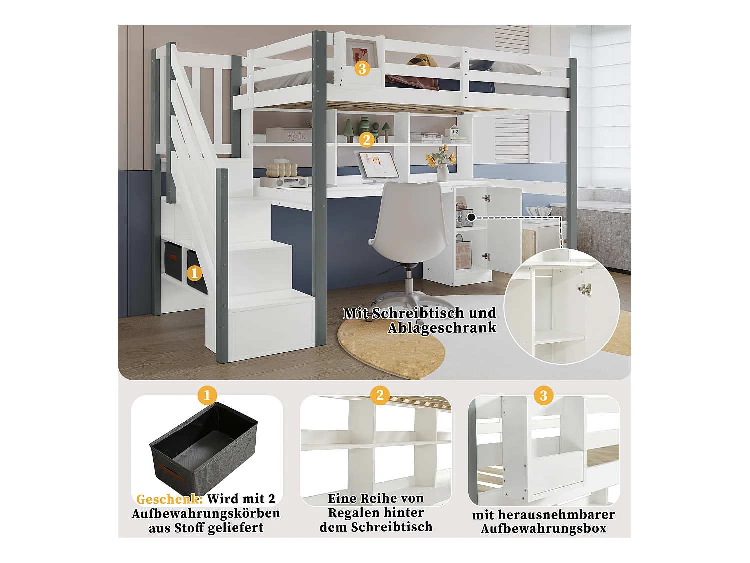 Letto a soppalco per bambini - 90 x 200 cm - con scrivania e ripiano portaoggetti - pino + MDF - bianco + grigio