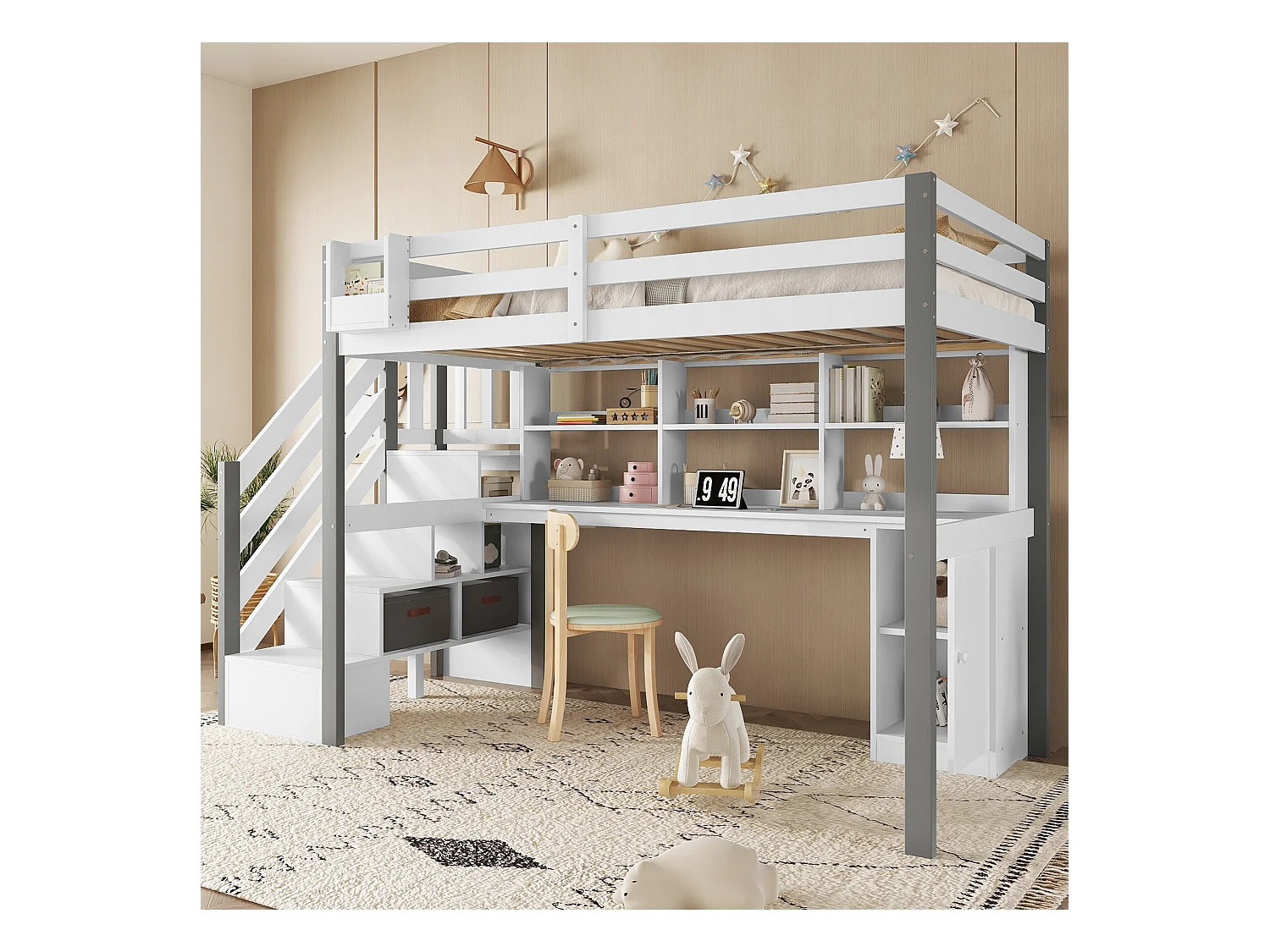 Letto a soppalco per bambini - 90 x 200 cm - con scrivania e ripiano portaoggetti - pino + MDF - bianco + grigio