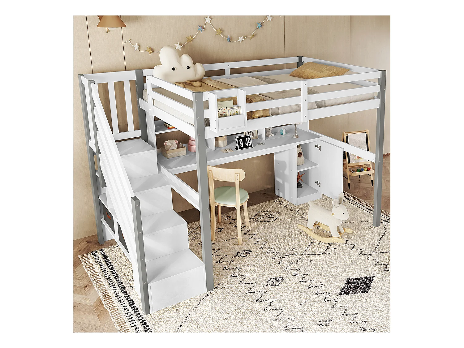 Letto a soppalco per bambini - 90 x 200 cm - con scrivania e ripiano portaoggetti - pino + MDF - bianco + grigio