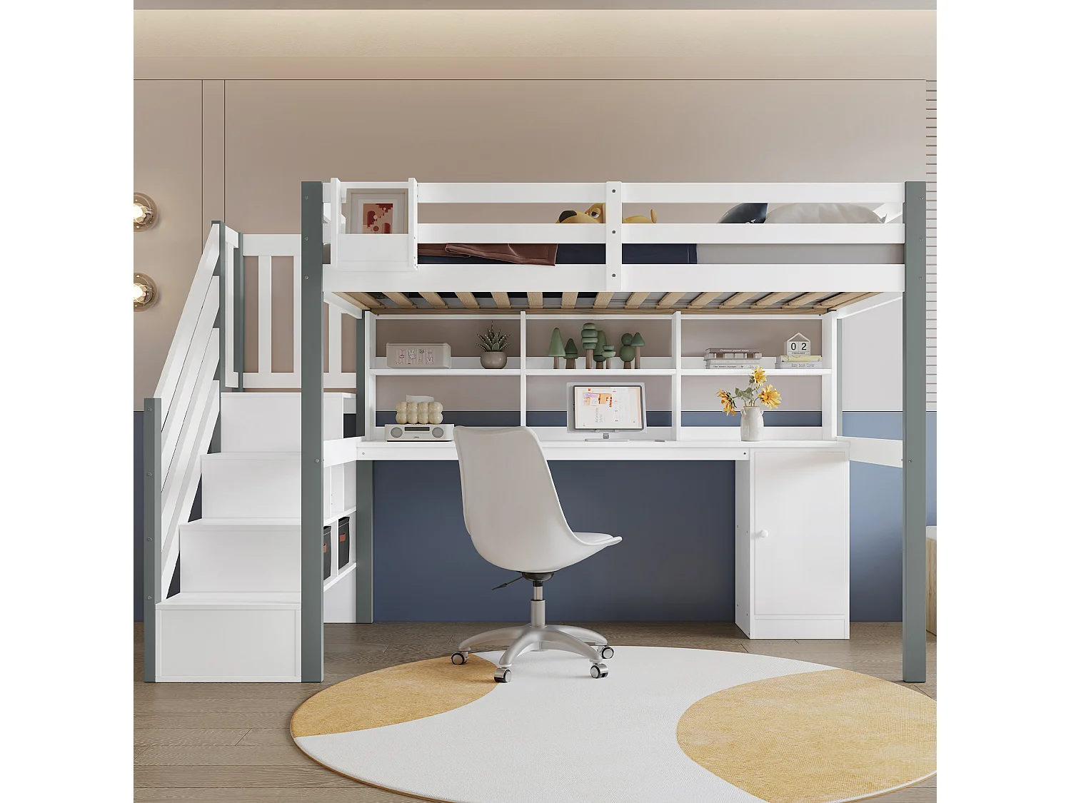Lit mezzanine pour enfant - 90 x 200 cm - avec bureau et étagère de rangement - pin + MDF - blanc+gris
