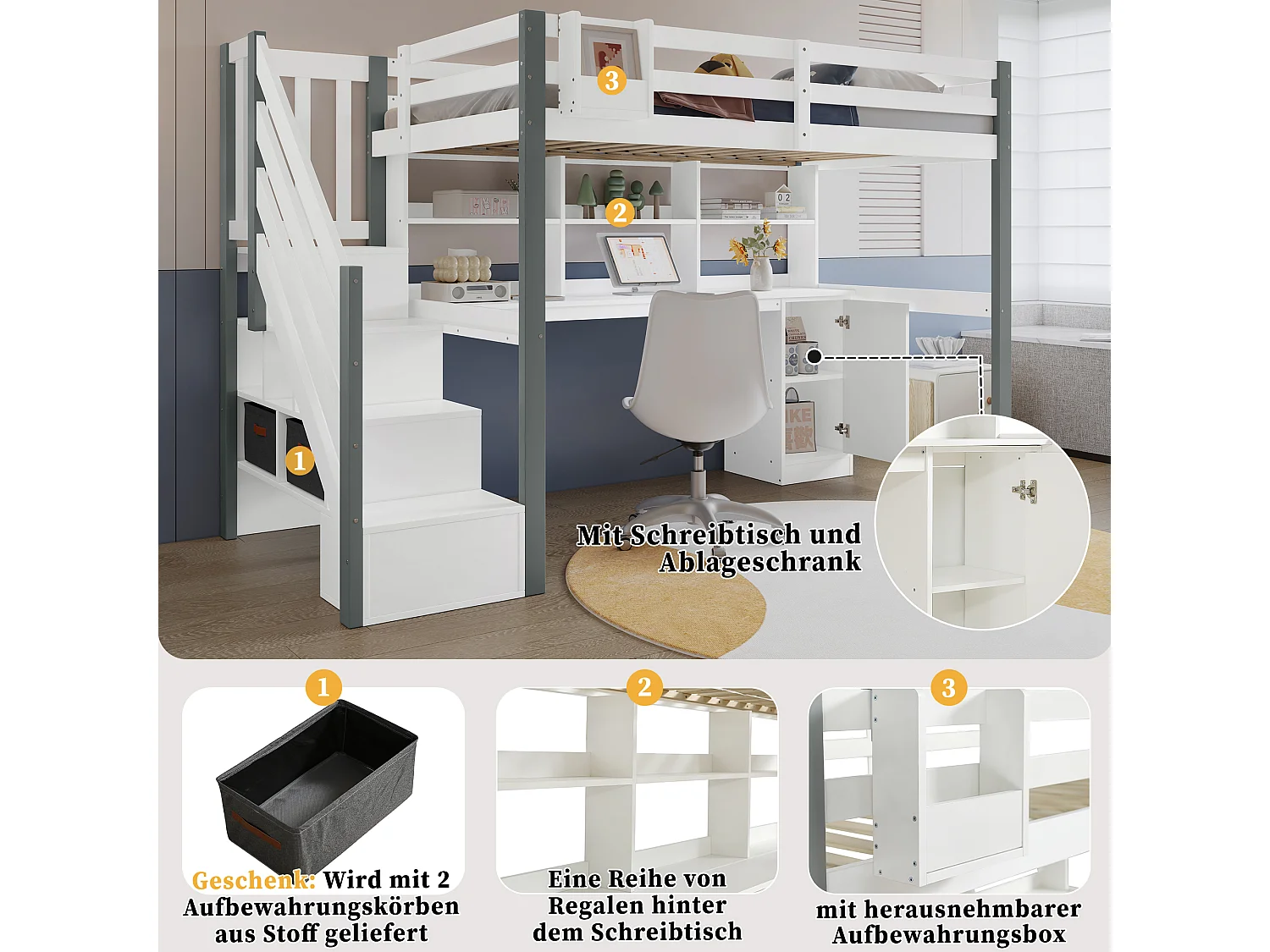 Lit mezzanine pour enfant - 90 x 200 cm - avec bureau et étagère de rangement - pin + MDF - blanc+gris