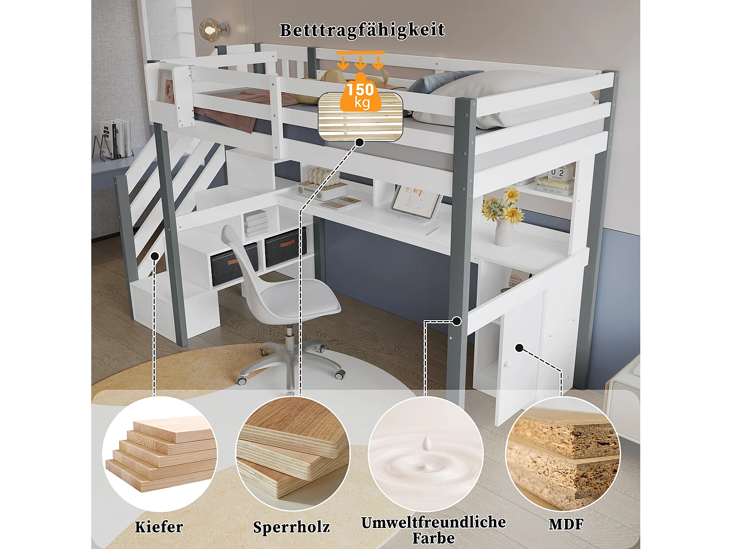 Lit mezzanine pour enfant - 90 x 200 cm - avec bureau et étagère de rangement - pin + MDF - blanc+gris