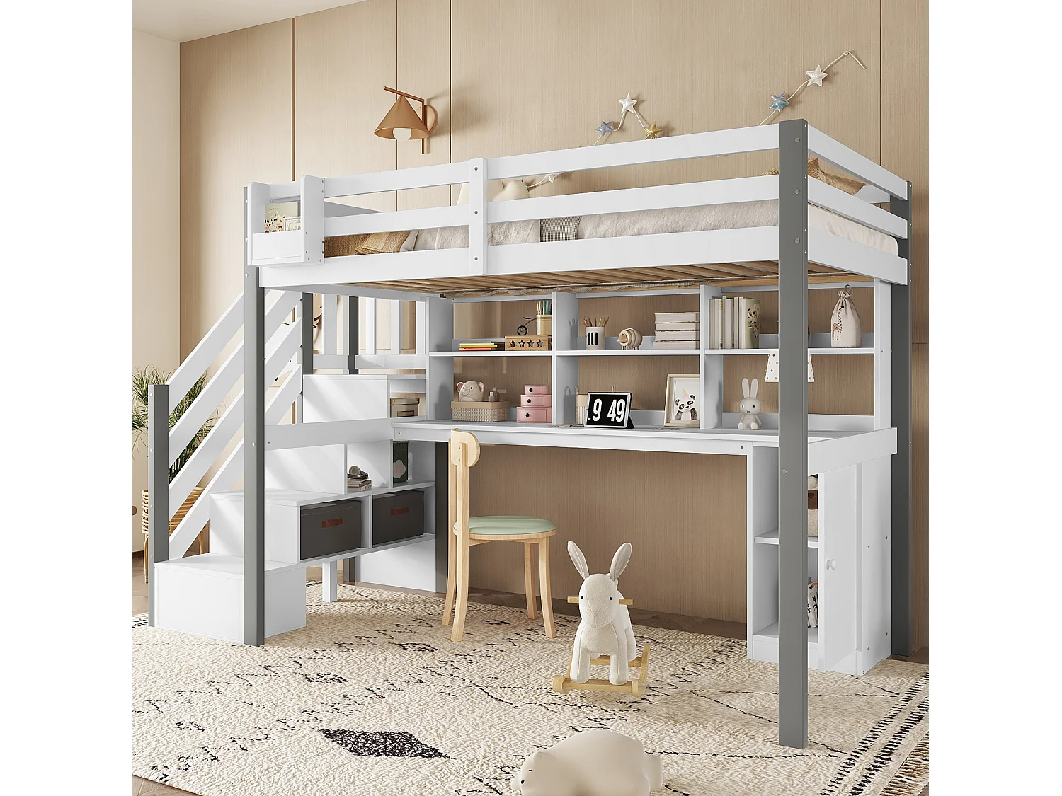 Lit mezzanine pour enfant - 90 x 200 cm - avec bureau et étagère de rangement - pin + MDF - blanc+gris