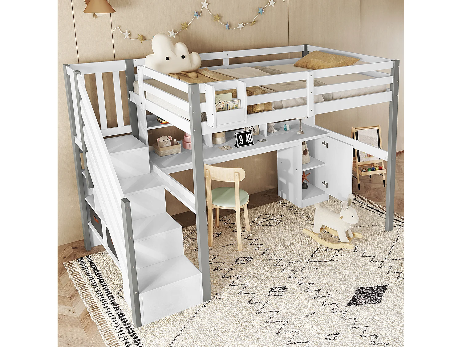 Lit mezzanine pour enfant - 90 x 200 cm - avec bureau et étagère de rangement - pin + MDF - blanc+gris