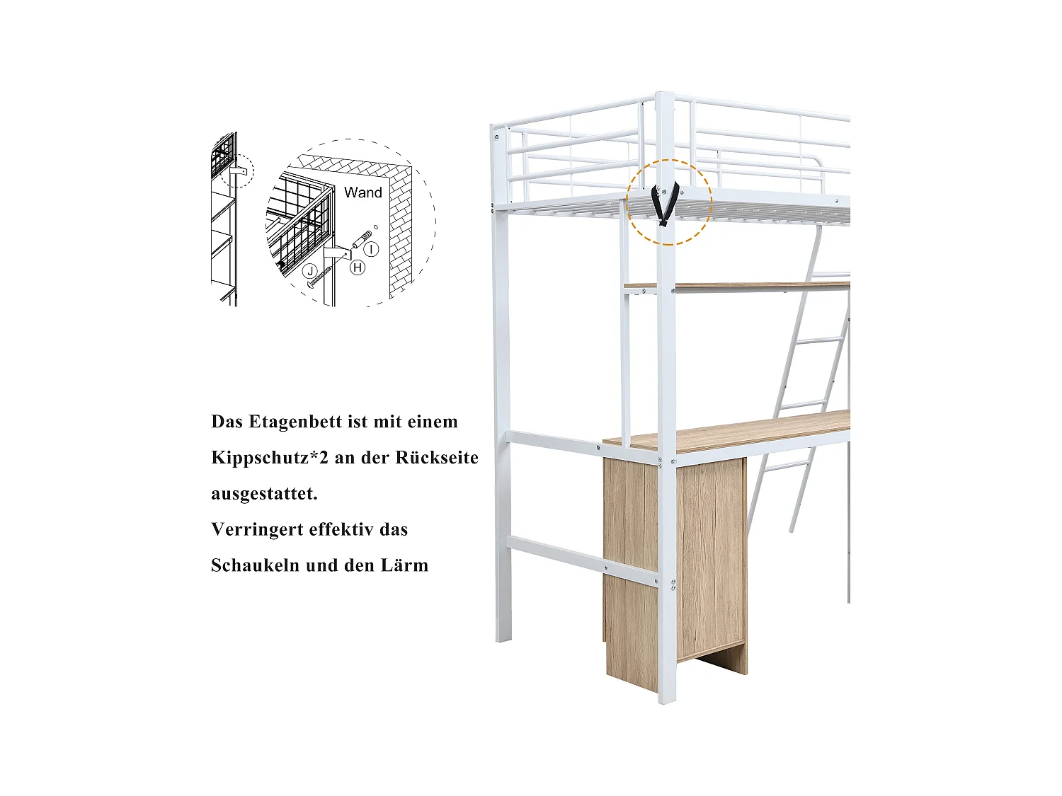 Lit mezzanine pour enfant - 90 x 200 cm - avec table et armoire - rangement - fer + aggloméré - blanc