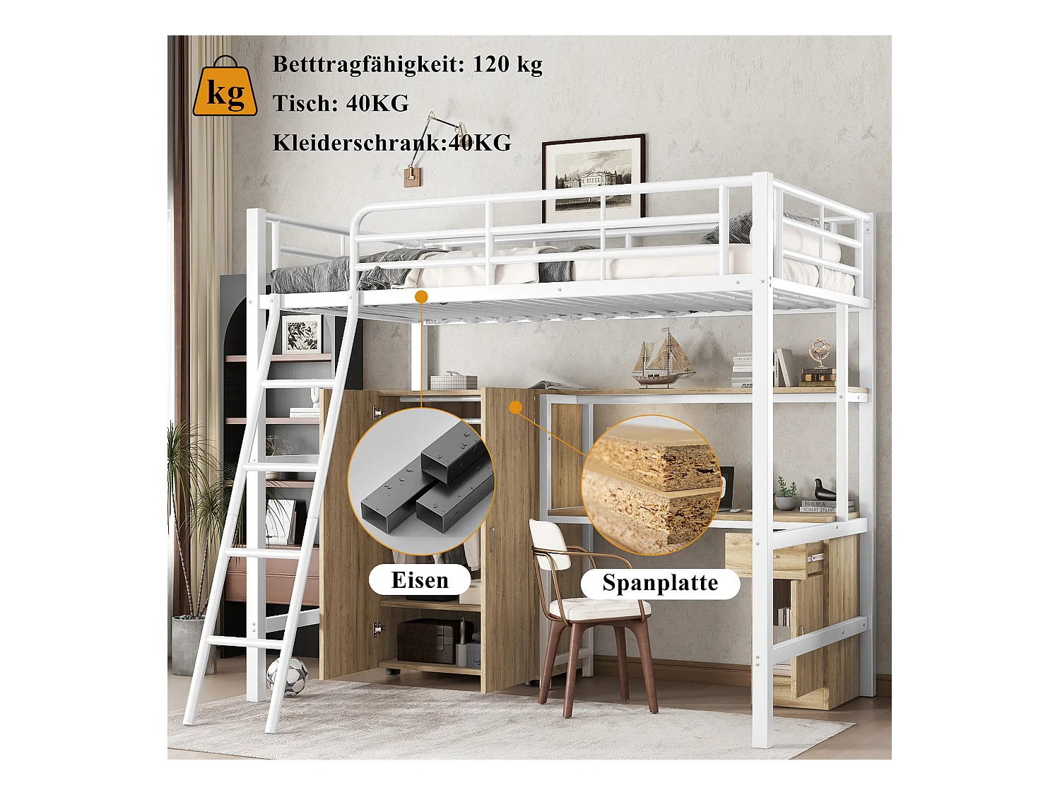 Lit mezzanine pour enfant - 90 x 200 cm - avec table et armoire - rangement - fer + aggloméré - blanc