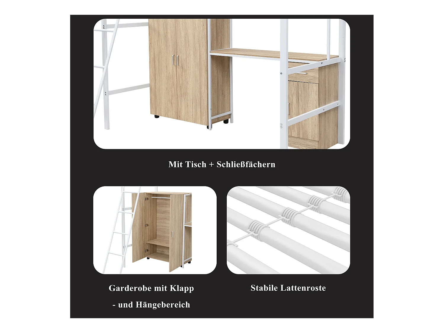 Kinderhoogslaper - 90 x 200 cm - met tafel en kledingkast - opbergruimte - ijzer + spaanplaat - wit