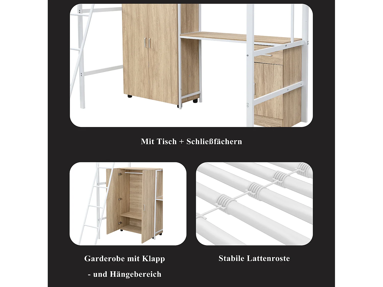 Łóżko piętrowe dla dzieci - 90 x 200 cm - ze stołem i szafą - schowek - żelazo + płyta wiórowa - białe