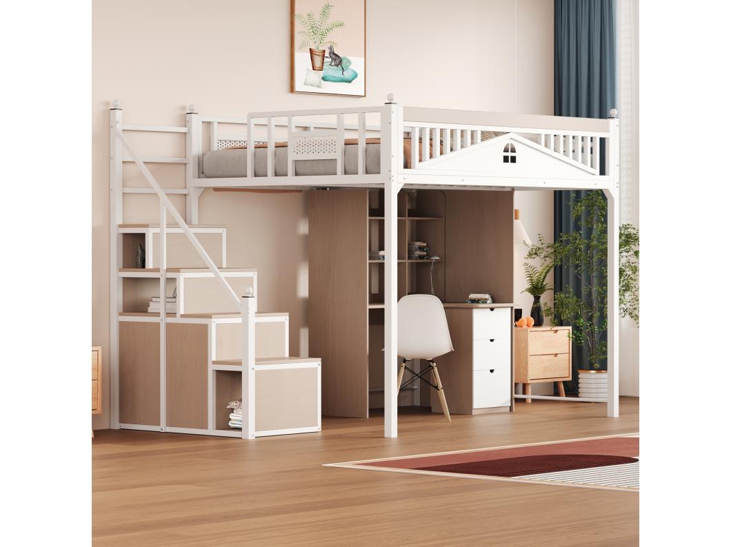 Hoogslaper - 140 x 200 cm - verwisselbare klimladder met opbergruimte - hout + metaal - wit
