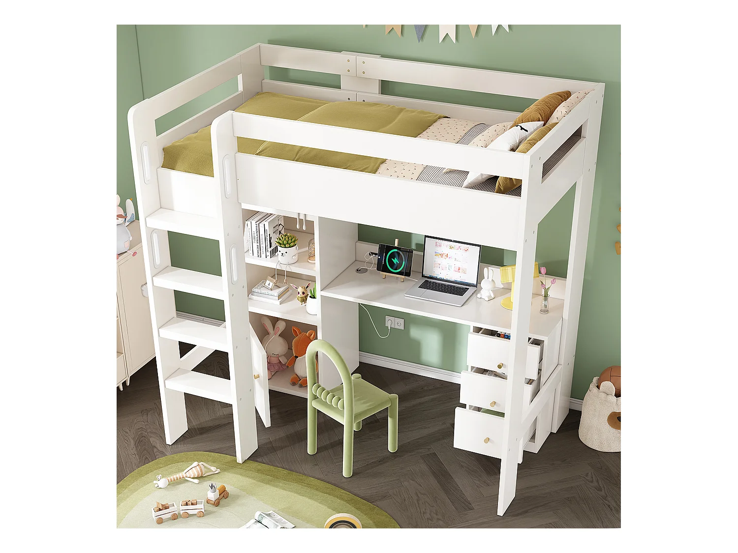 Lit mezzanine pour enfant - 90 x 200 cm - bureau avec USB-C + armoire + 3 tiroirs - MDF + bois massif - Blanc