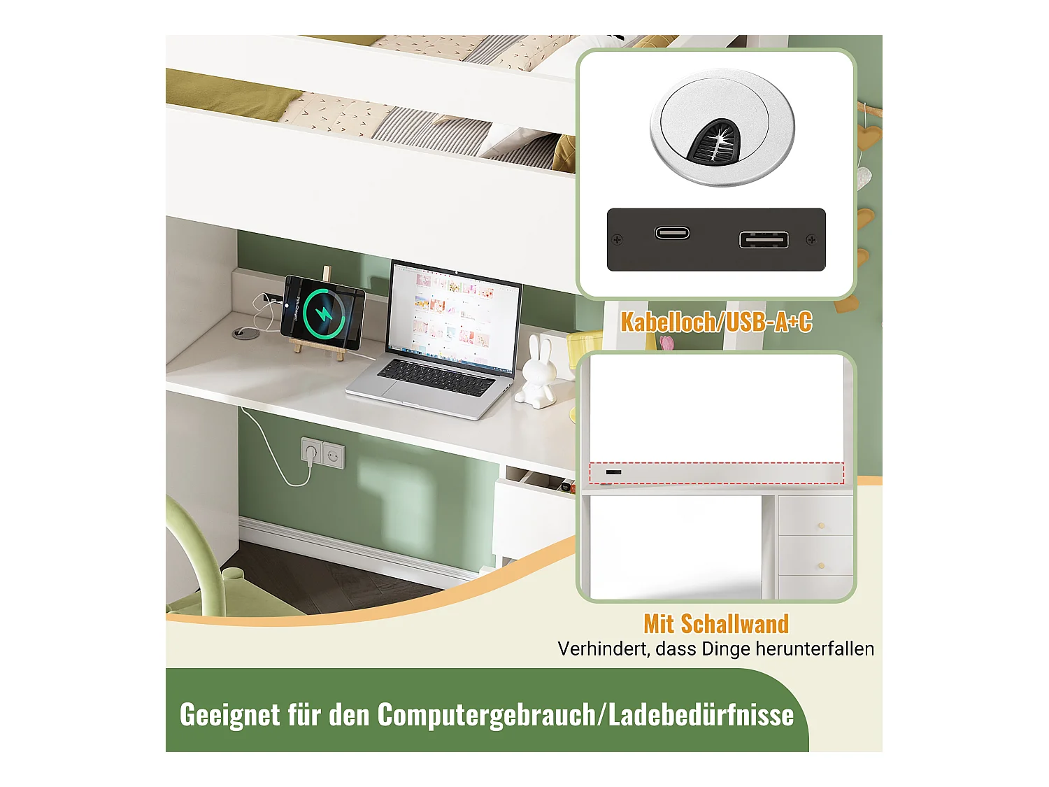 Lit mezzanine pour enfant - 90 x 200 cm - bureau avec USB-C + armoire + 3 tiroirs - MDF + bois massif - Blanc