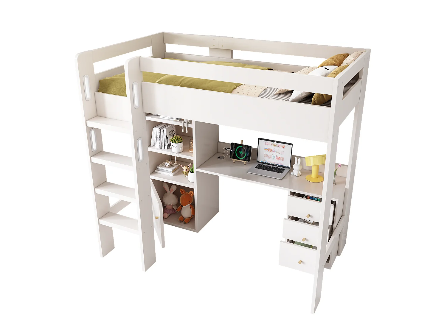 Lit mezzanine pour enfant - 90 x 200 cm - bureau avec USB-C + armoire + 3 tiroirs - MDF + bois massif - Blanc