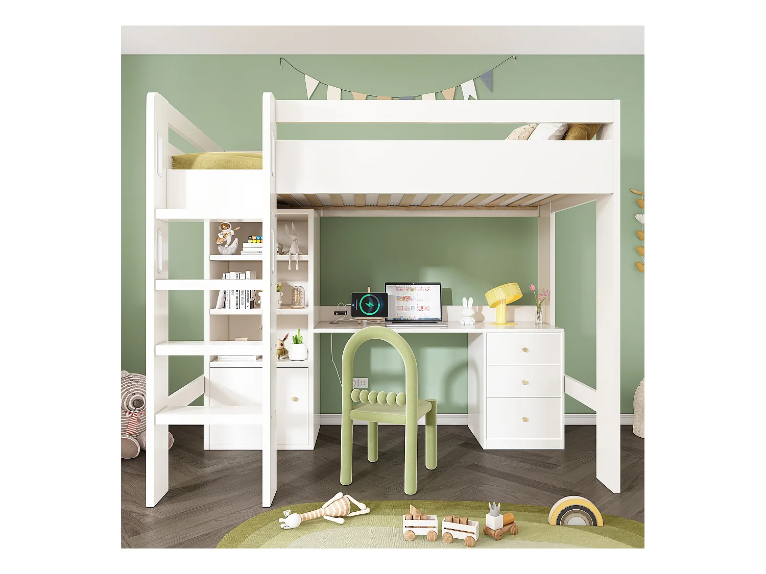 Lit mezzanine pour enfant - 90 x 200 cm - bureau avec USB-C + armoire + 3 tiroirs - MDF + bois massif - Blanc