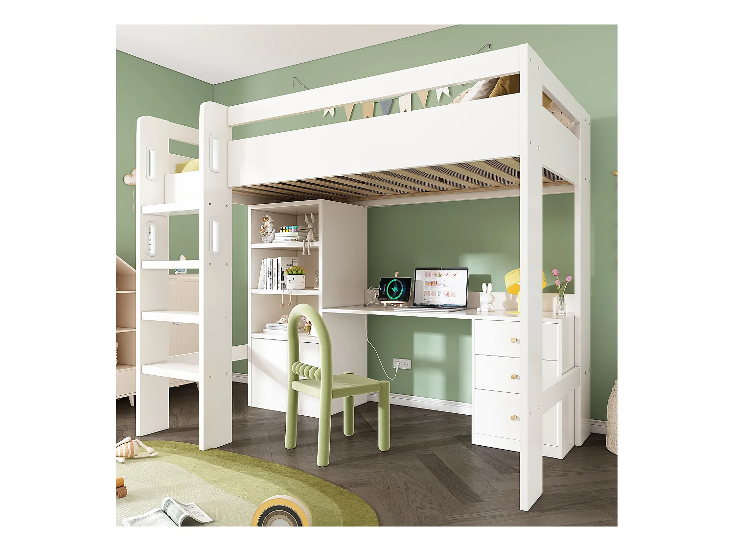 Lit mezzanine pour enfant - 90 x 200 cm - bureau avec USB-C + armoire + 3 tiroirs - MDF + bois massif - Blanc