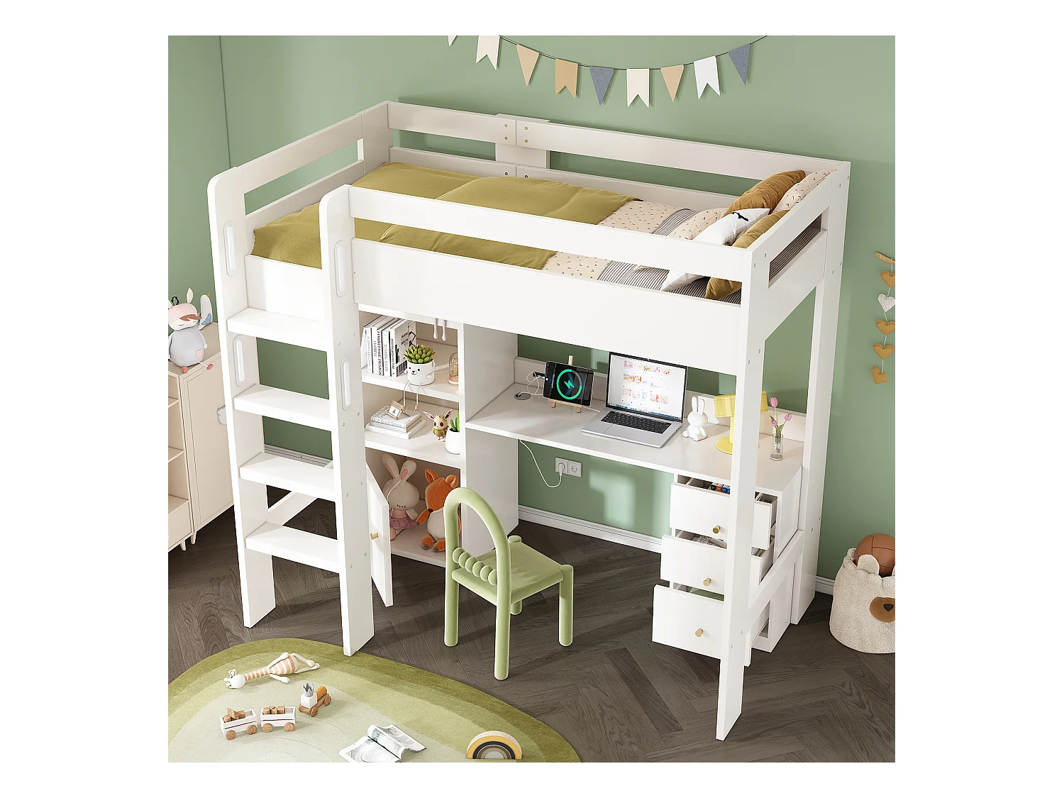 Lit mezzanine pour enfant - 90 x 200 cm - bureau avec USB-C + armoire + 3 tiroirs - MDF + bois massif - Blanc
