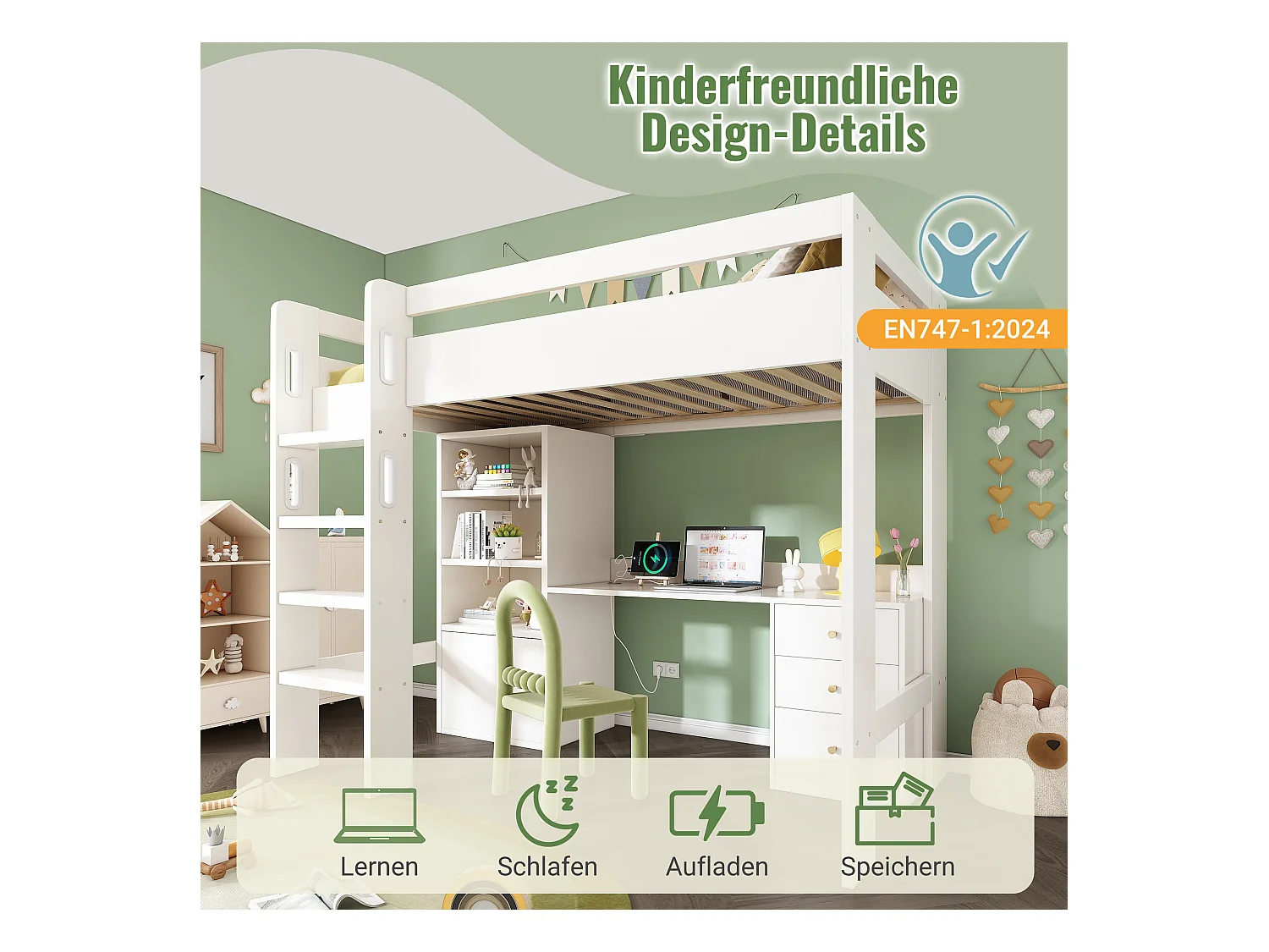 Lit mezzanine pour enfant - 90 x 200 cm - bureau avec USB-C + armoire + 3 tiroirs - MDF + bois massif - Blanc