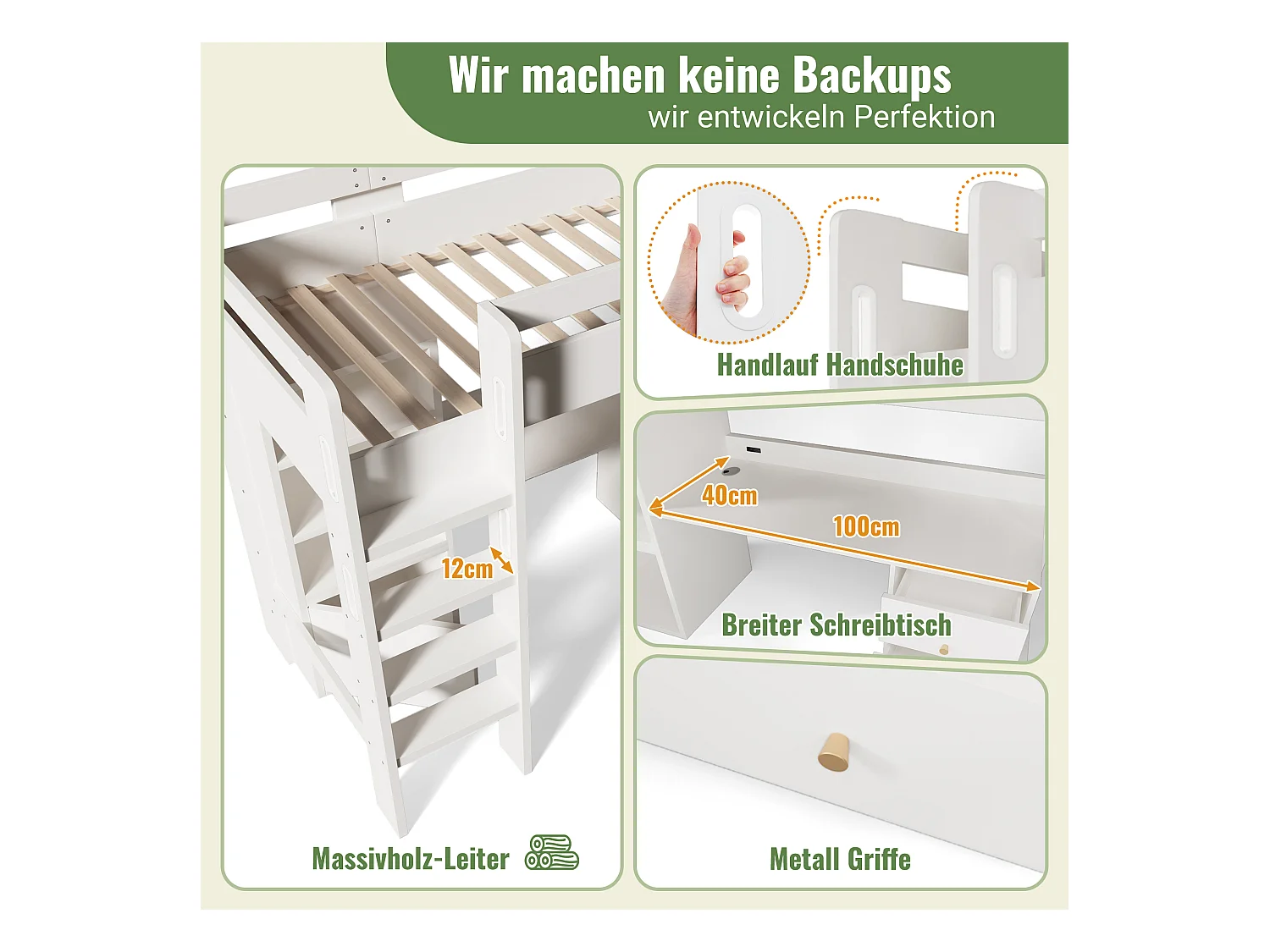 Lit mezzanine pour enfant - 90 x 200 cm - bureau avec USB-C + armoire + 3 tiroirs - MDF + bois massif - Blanc