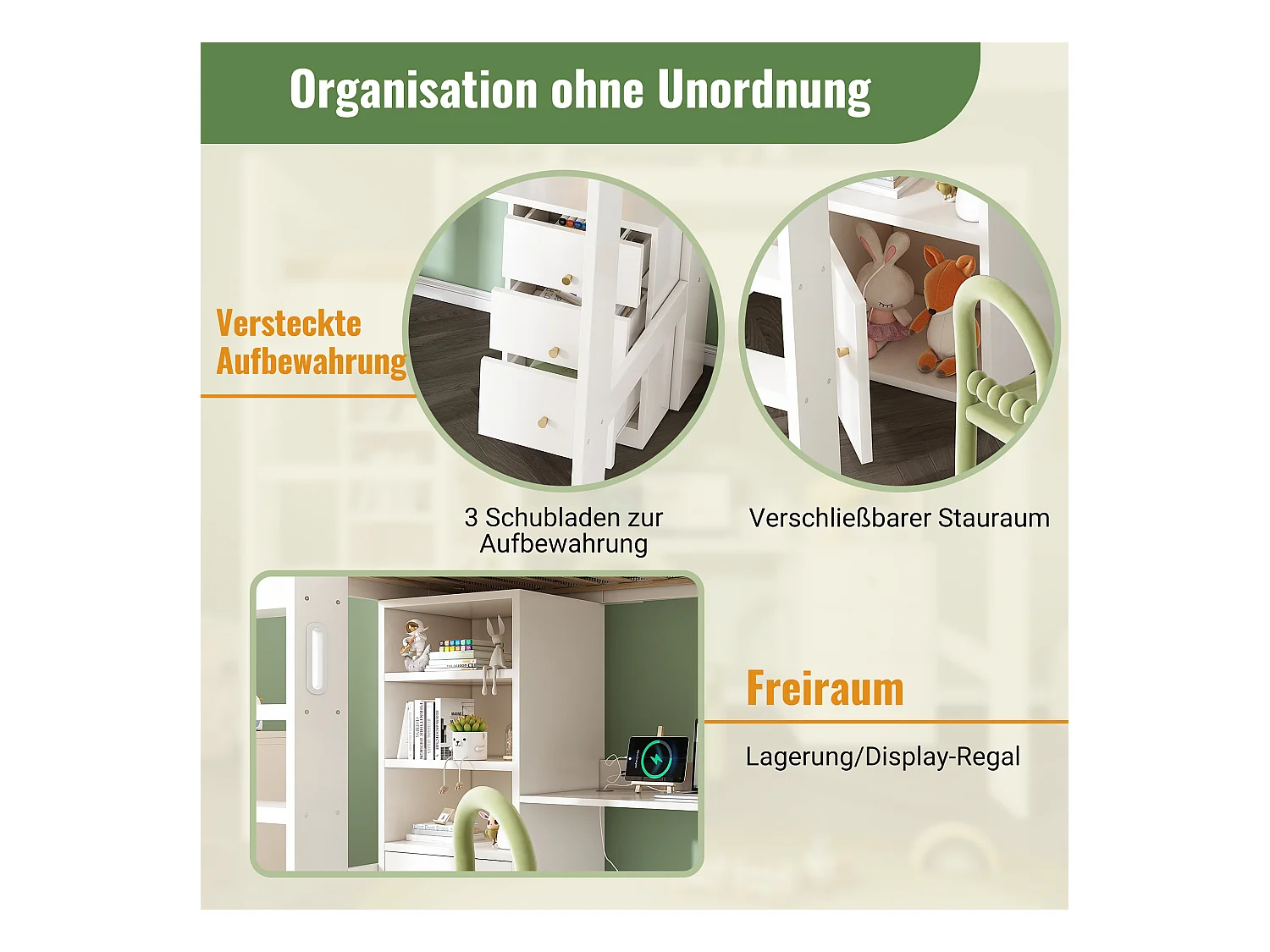 Lit mezzanine pour enfant - 90 x 200 cm - bureau avec USB-C + armoire + 3 tiroirs - MDF + bois massif - Blanc