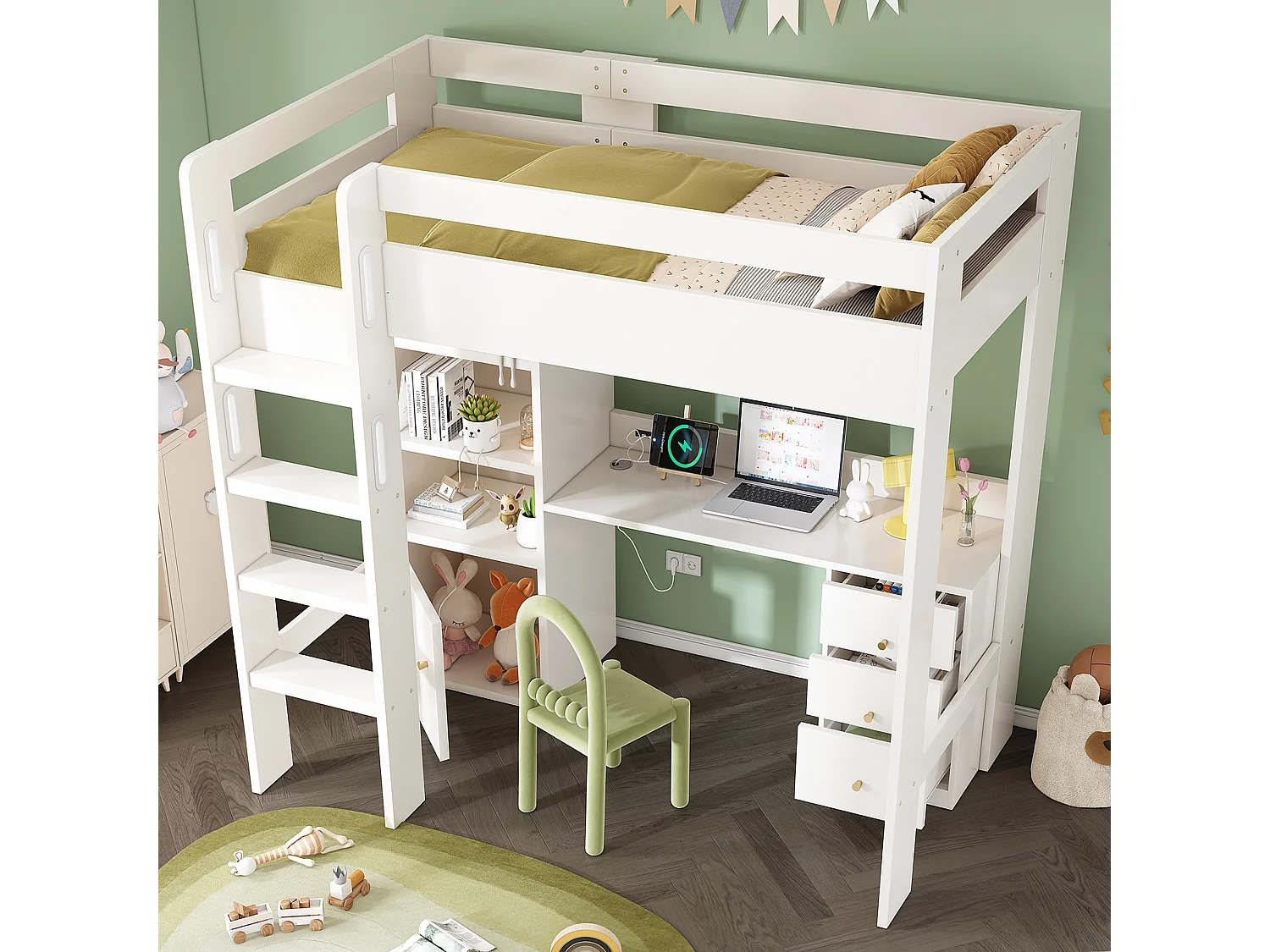 Lit mezzanine pour enfant - 90 x 200 cm - bureau avec USB-C + armoire + 3 tiroirs - MDF + bois massif - Blanc