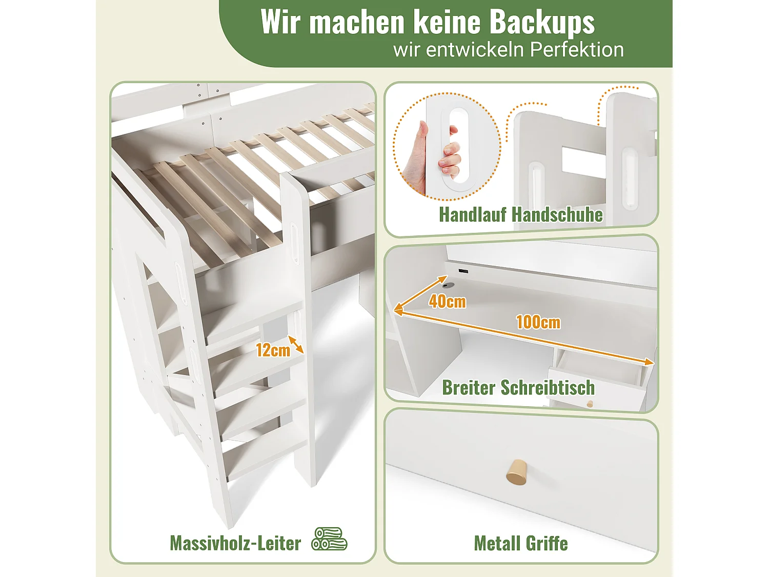 Lit mezzanine pour enfant - 90 x 200 cm - bureau avec USB-C + armoire + 3 tiroirs - MDF + bois massif - Blanc