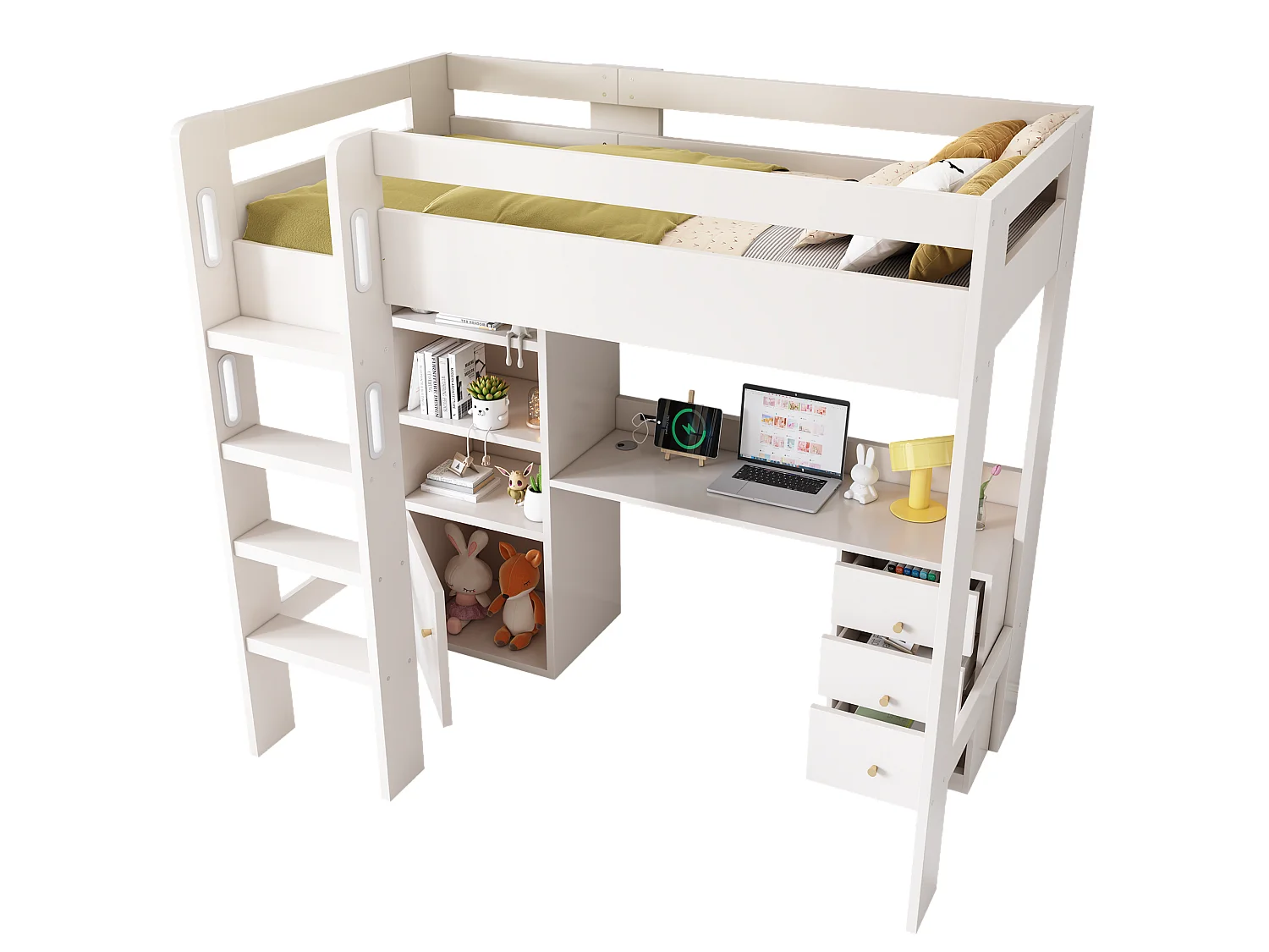 Lit mezzanine pour enfant - 90 x 200 cm - bureau avec USB-C + armoire + 3 tiroirs - MDF + bois massif - Blanc