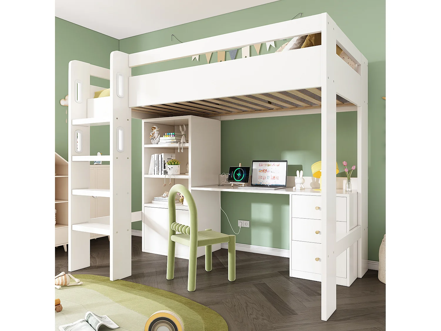 Lit mezzanine pour enfant - 90 x 200 cm - bureau avec USB-C + armoire + 3 tiroirs - MDF + bois massif - Blanc