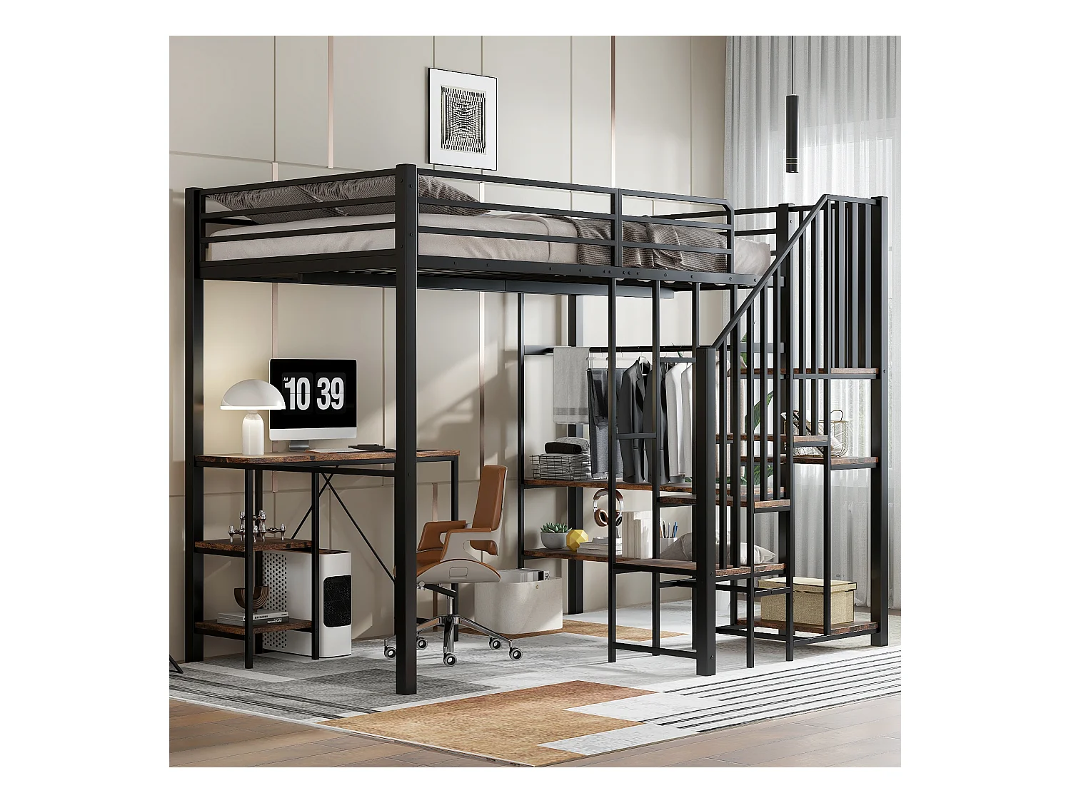 Lit mezzanine pour enfant - 120 x 200 cm - échelle d'angle avec rangement + table et étagère - métal + MDF - noir