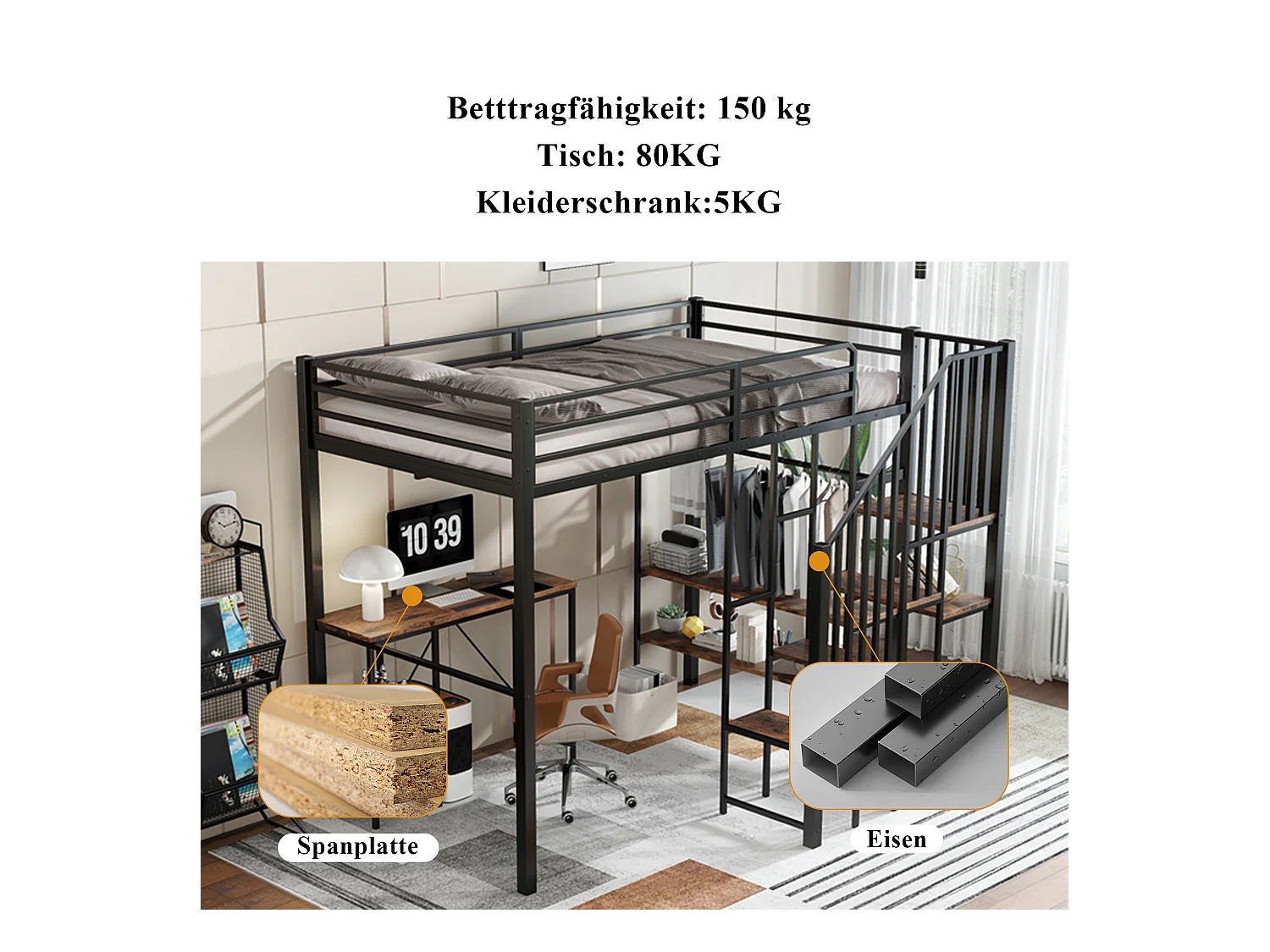Lit mezzanine pour enfant - 120 x 200 cm - échelle d'angle avec rangement + table et étagère - métal + MDF - noir