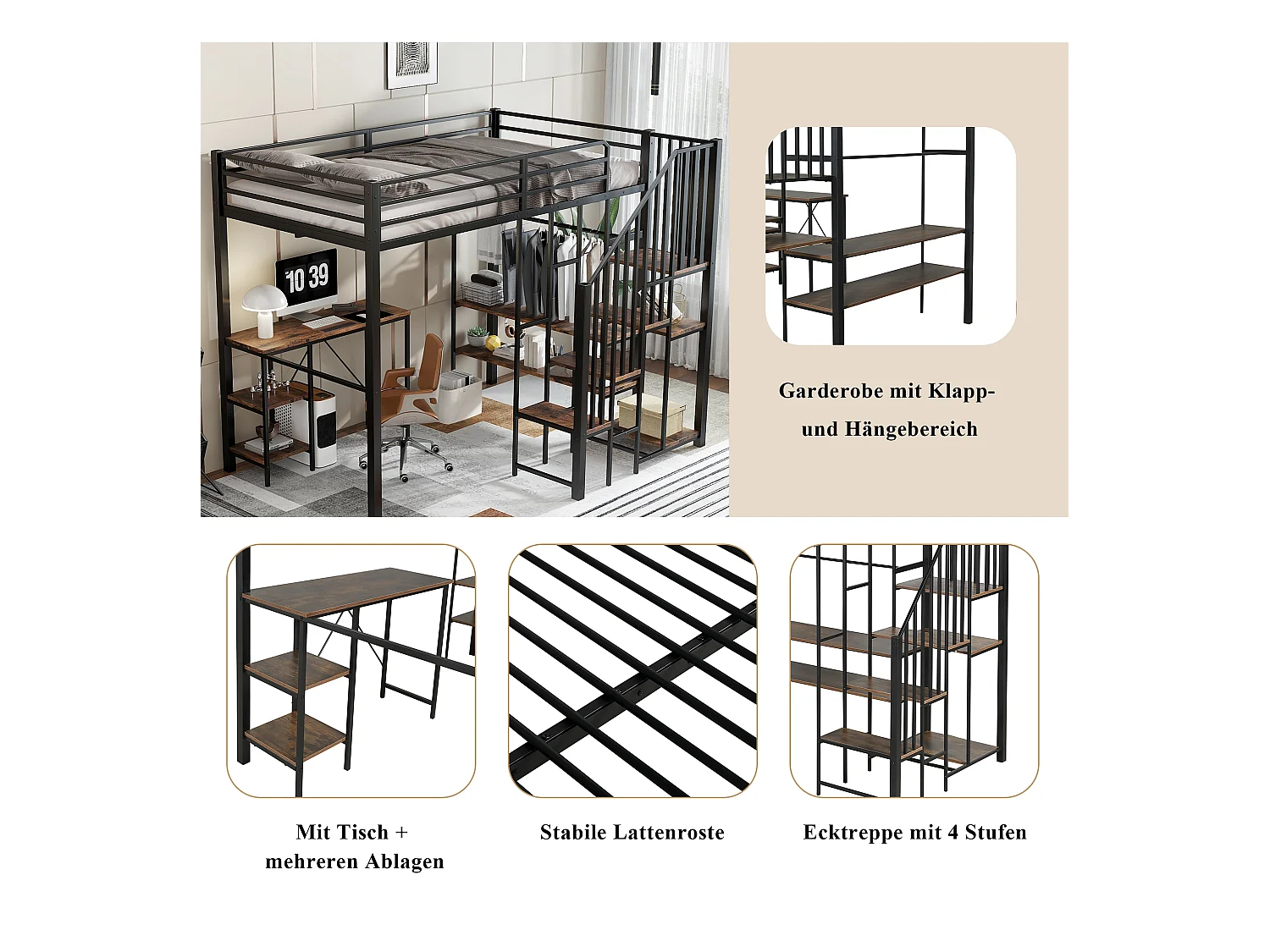 Lit mezzanine pour enfant - 120 x 200 cm - échelle d'angle avec rangement + table et étagère - métal + MDF - noir