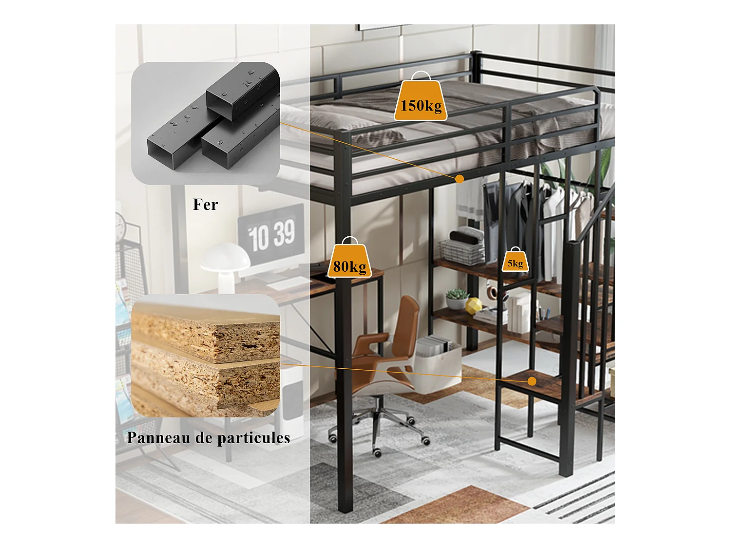 Lit mezzanine pour enfant - 120 x 200 cm - échelle d'angle avec rangement + table et étagère - métal + MDF - noir