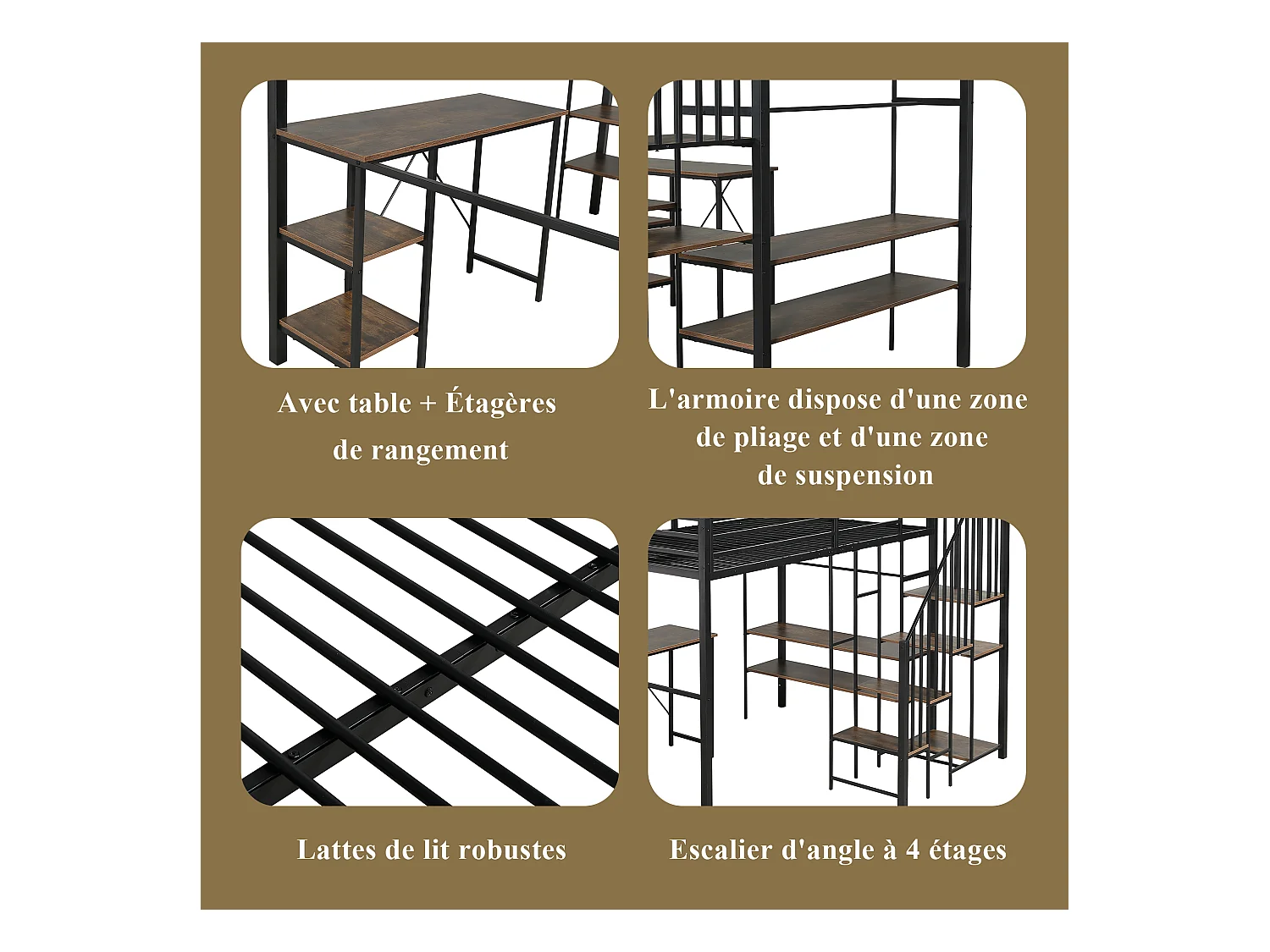Lit mezzanine pour enfant - 120 x 200 cm - échelle d'angle avec rangement + table et étagère - métal + MDF - noir