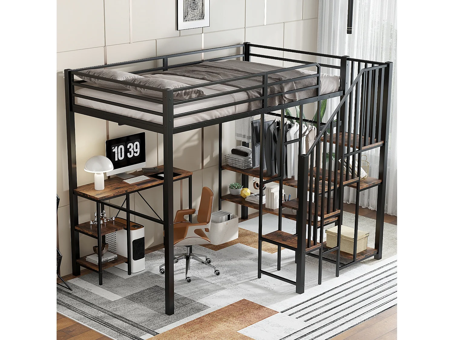 Kinderhochbett - 120 x 200 cm - Eckleiter mit Stauraum + Tisch und Regal - Metall + MDF - schwarz