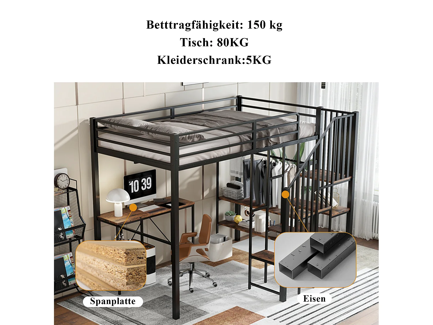 Kinderhochbett - 120 x 200 cm - Eckleiter mit Stauraum + Tisch und Regal - Metall + MDF - schwarz
