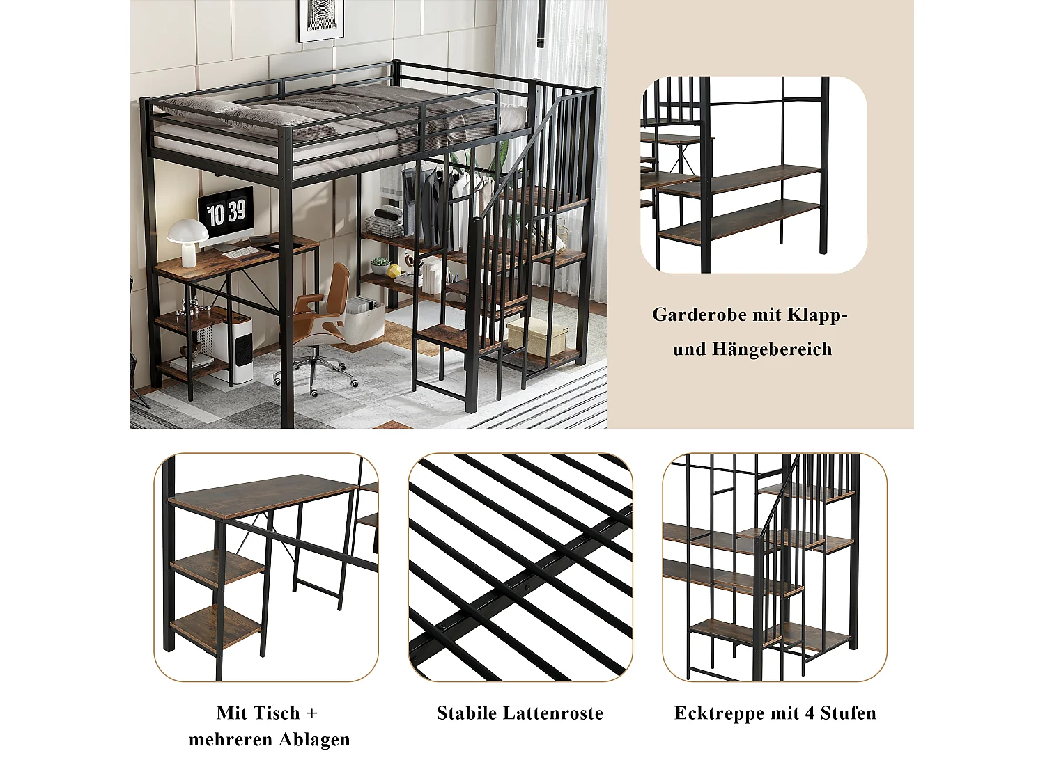 Kinderhochbett - 120 x 200 cm - Eckleiter mit Stauraum + Tisch und Regal - Metall + MDF - schwarz