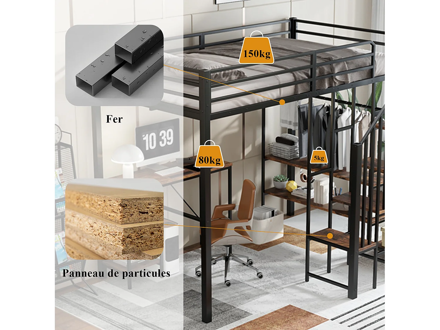 Kinderhochbett - 120 x 200 cm - Eckleiter mit Stauraum + Tisch und Regal - Metall + MDF - schwarz