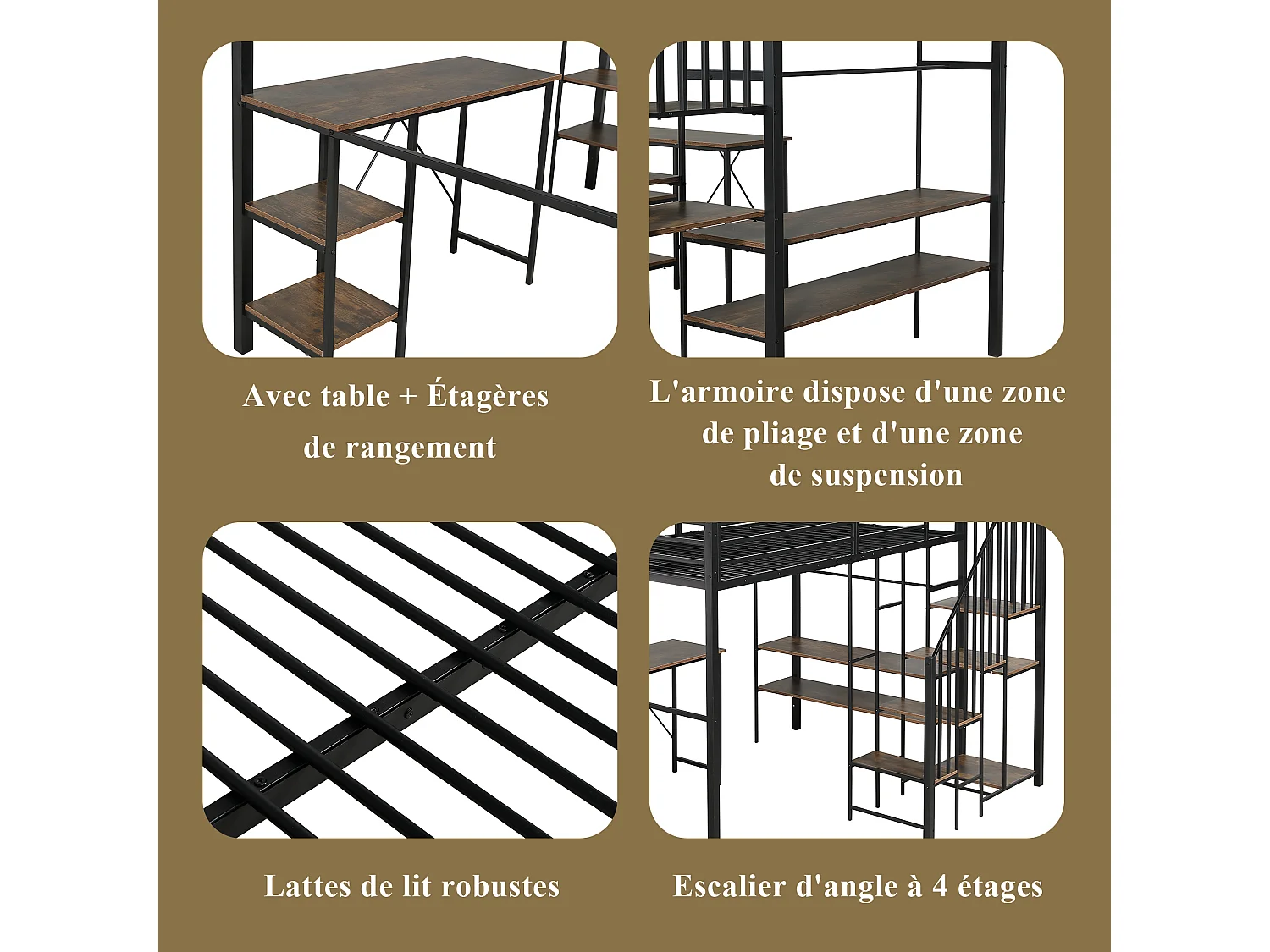 Kinderhochbett - 120 x 200 cm - Eckleiter mit Stauraum + Tisch und Regal - Metall + MDF - schwarz