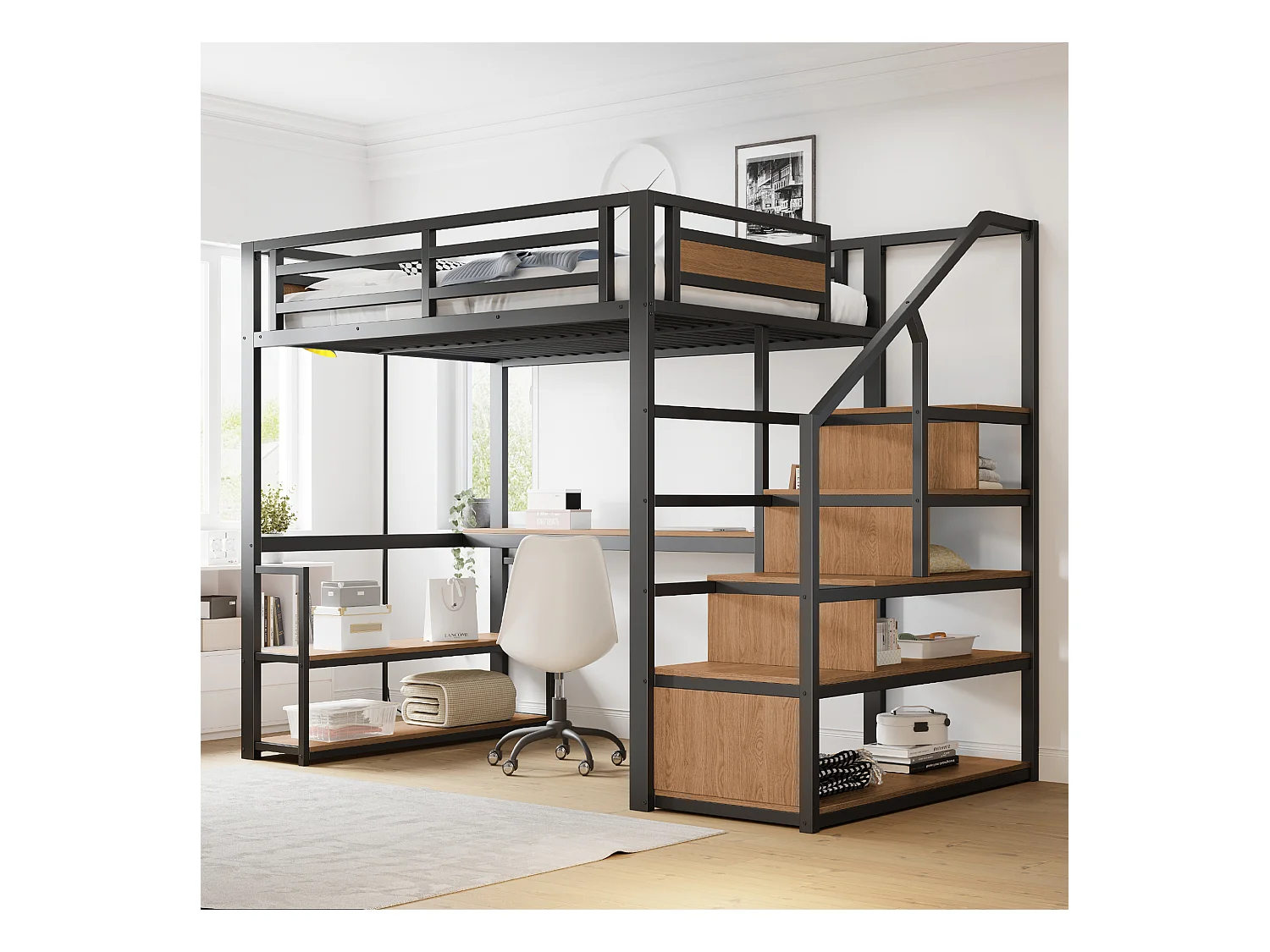 Lit mezzanine - 140 x 200 cm - avec échelle de rangement + étagères + table - en métal- noir