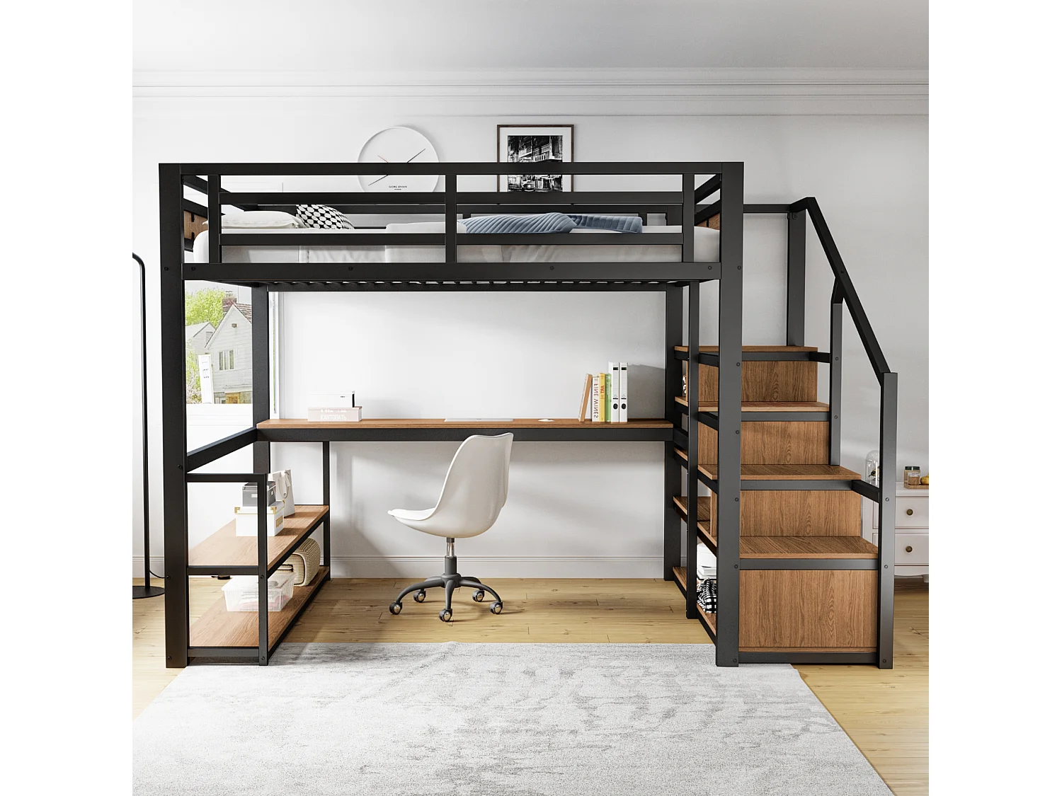 Lit mezzanine - 140 x 200 cm - avec échelle de rangement + étagères + table - en métal- noir